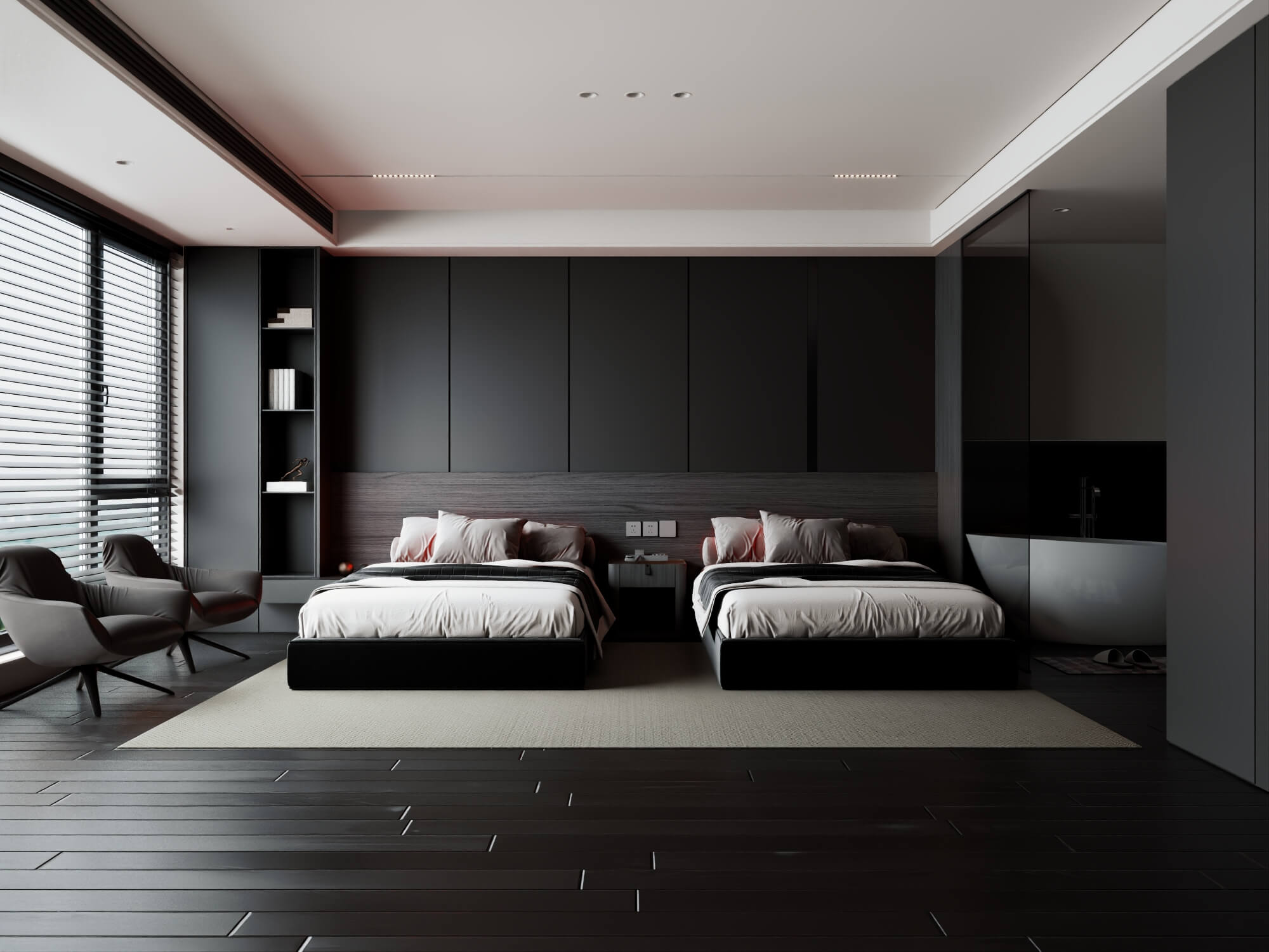Modern Dark Style Twin Bedroom Interior Lowpoly 3d Scene 3D Model