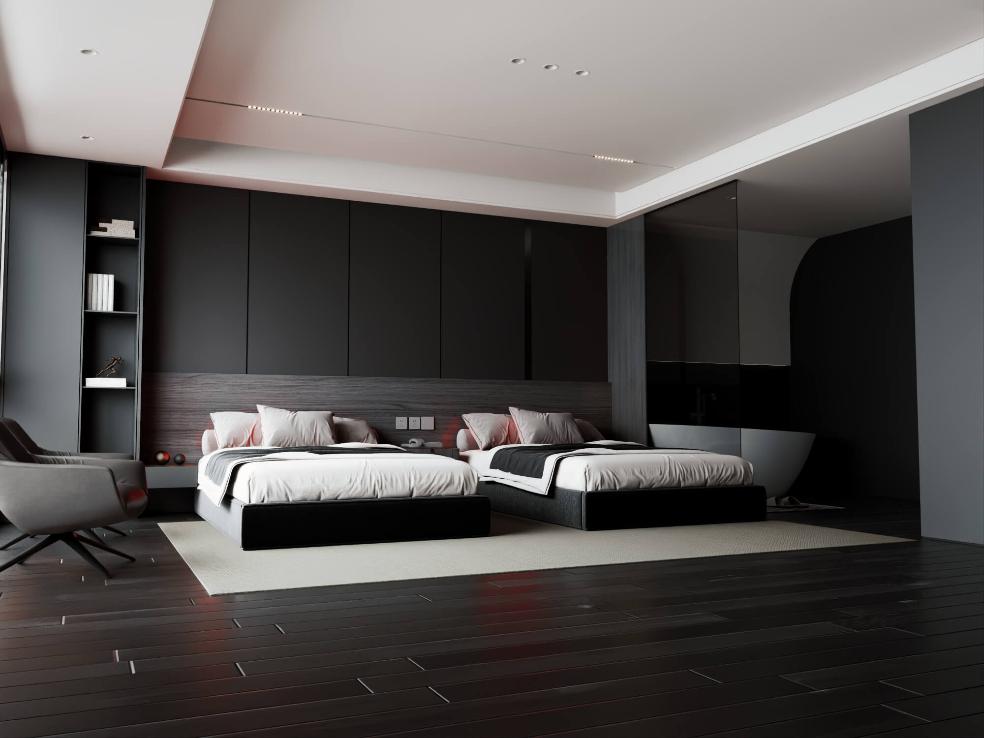 Modern Dark Style Twin Bedroom Interior Lowpoly 3d Scene 3D Model