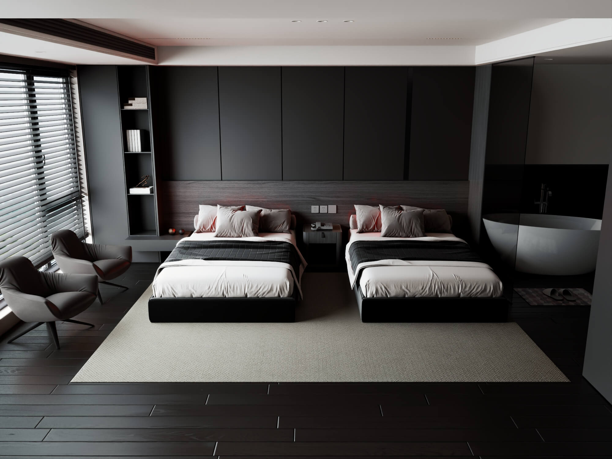 Modern Dark Style Twin Bedroom Interior Lowpoly 3d Scene 3D Model