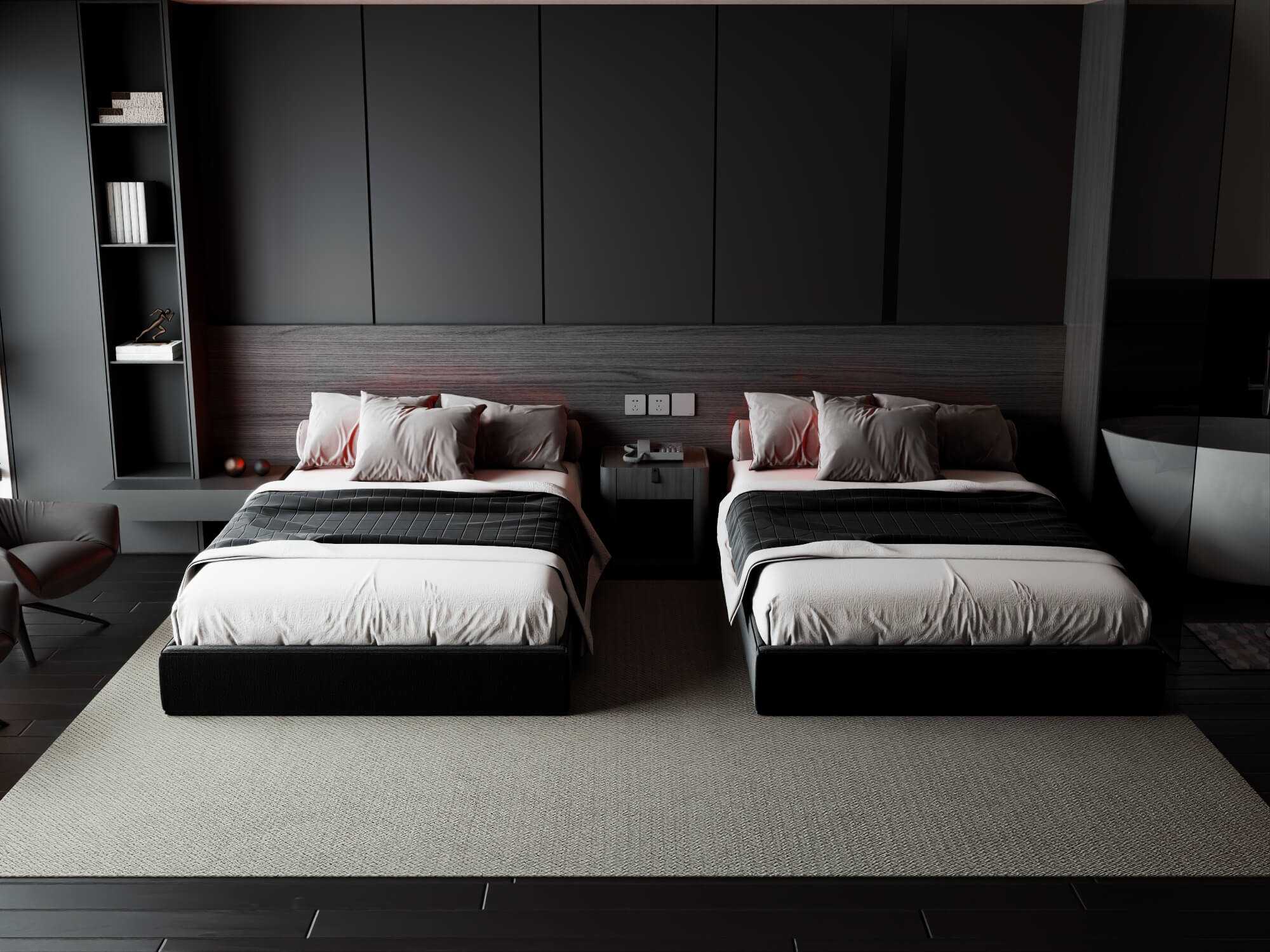 Modern Dark Style Twin Bedroom Interior Lowpoly 3d Scene 3D Model