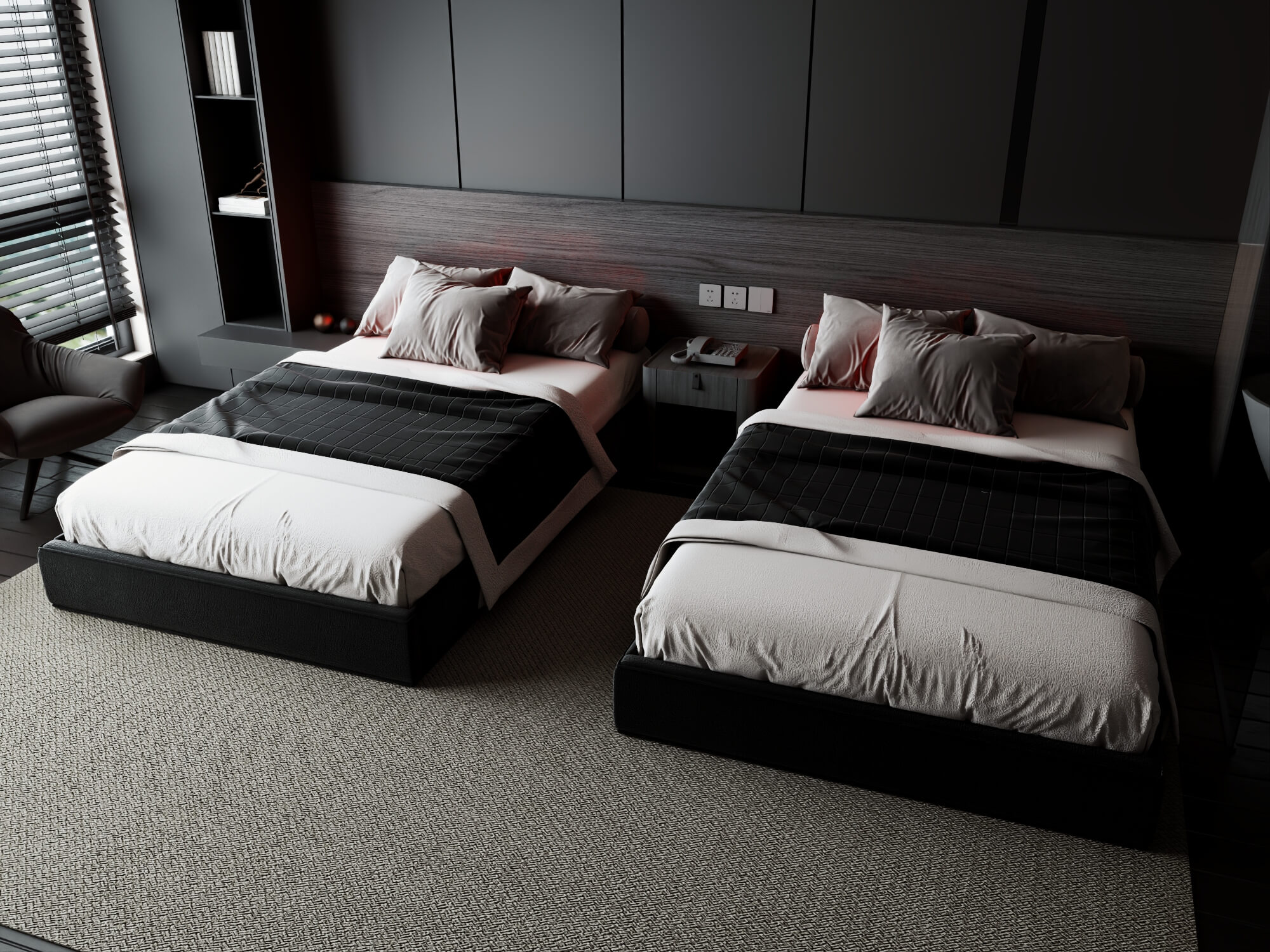 Modern Dark Style Twin Bedroom Interior Lowpoly 3d Scene 3D Model