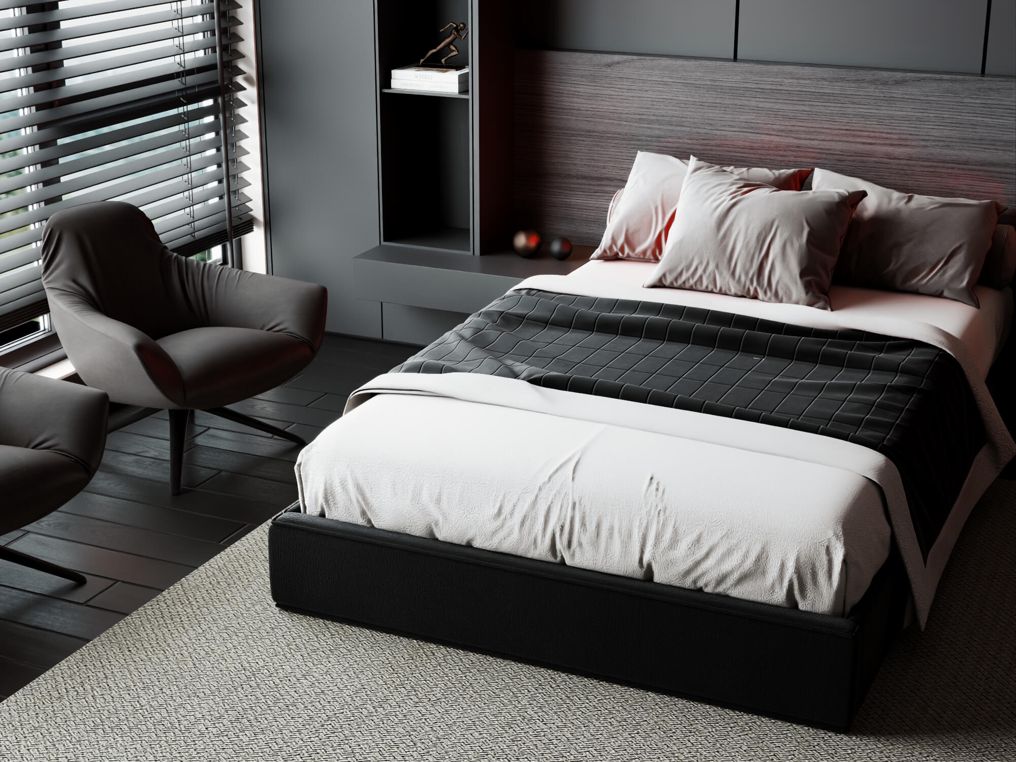 Modern Dark Style Twin Bedroom Interior Lowpoly 3d Scene 3D Model