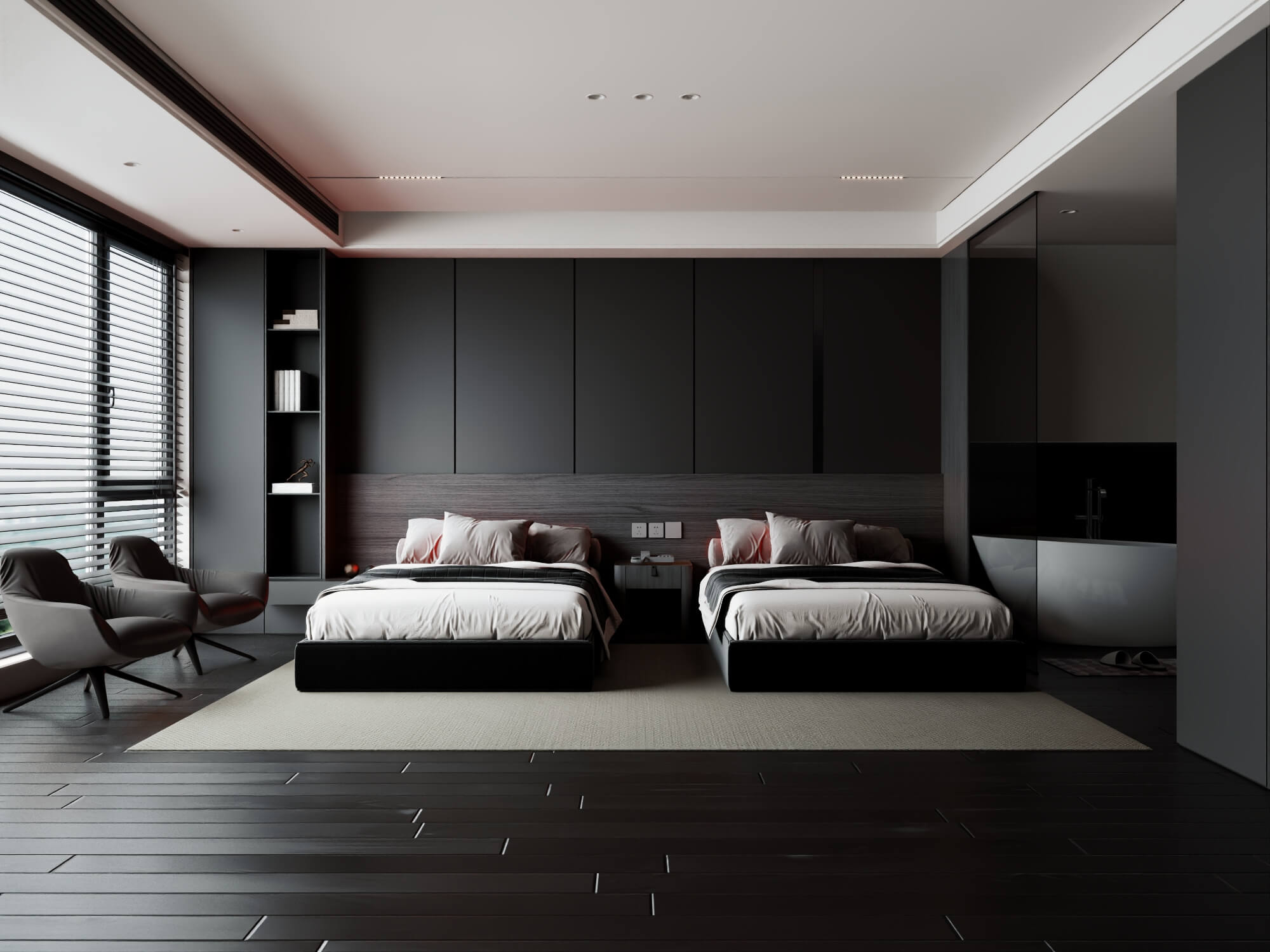 Modern Dark Style Twin Bedroom Interior Lowpoly 3d Scene 3D Model
