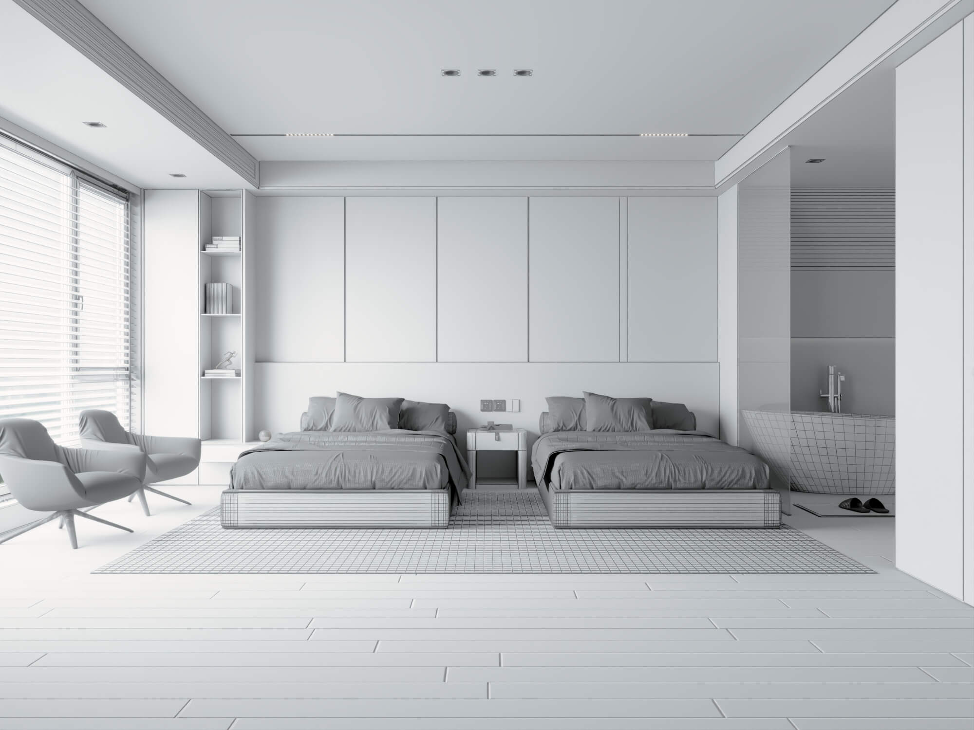 Modern Dark Style Twin Bedroom Interior Lowpoly 3d Scene 3D Model