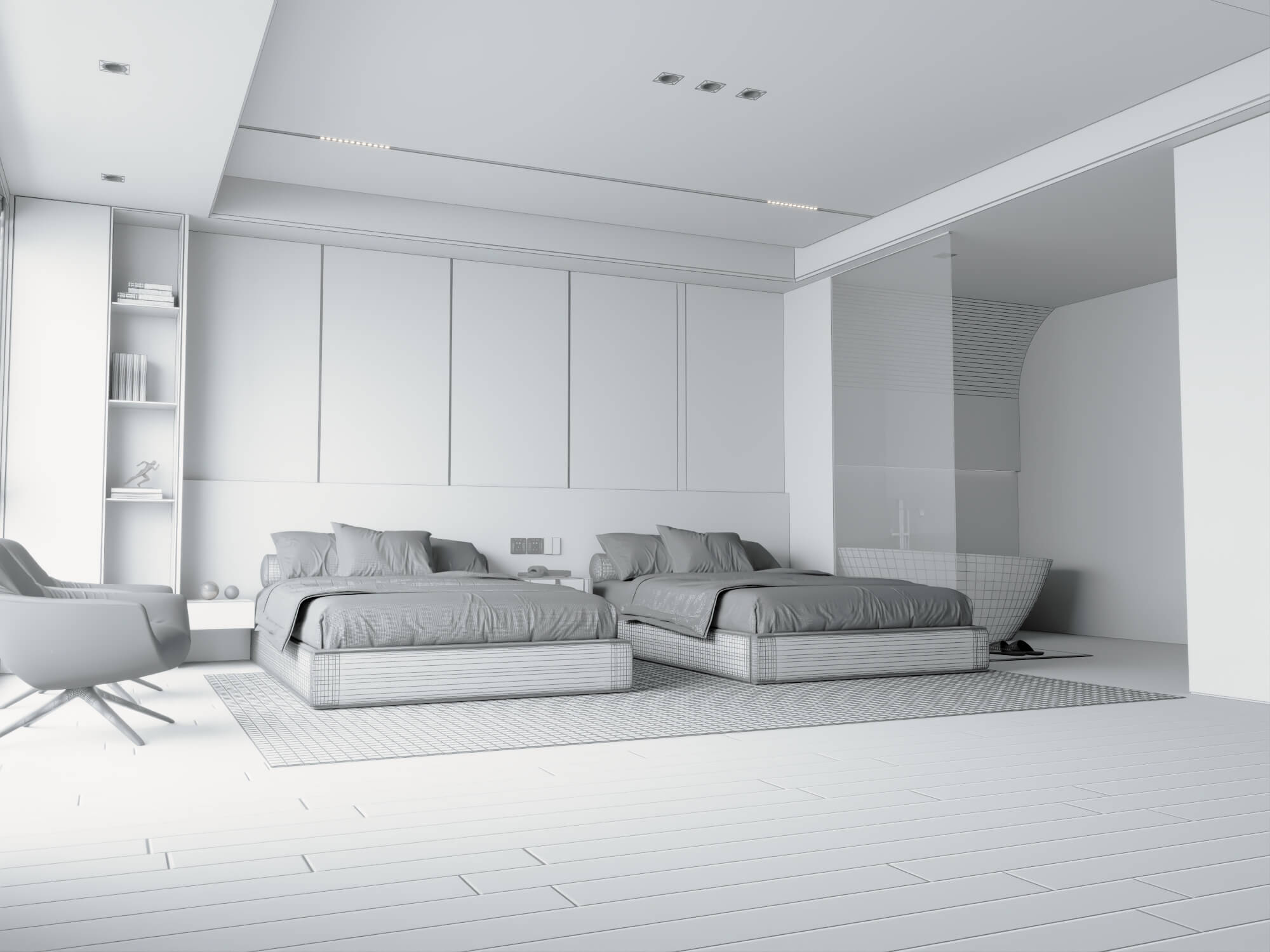 Modern Dark Style Twin Bedroom Interior Lowpoly 3d Scene 3D Model