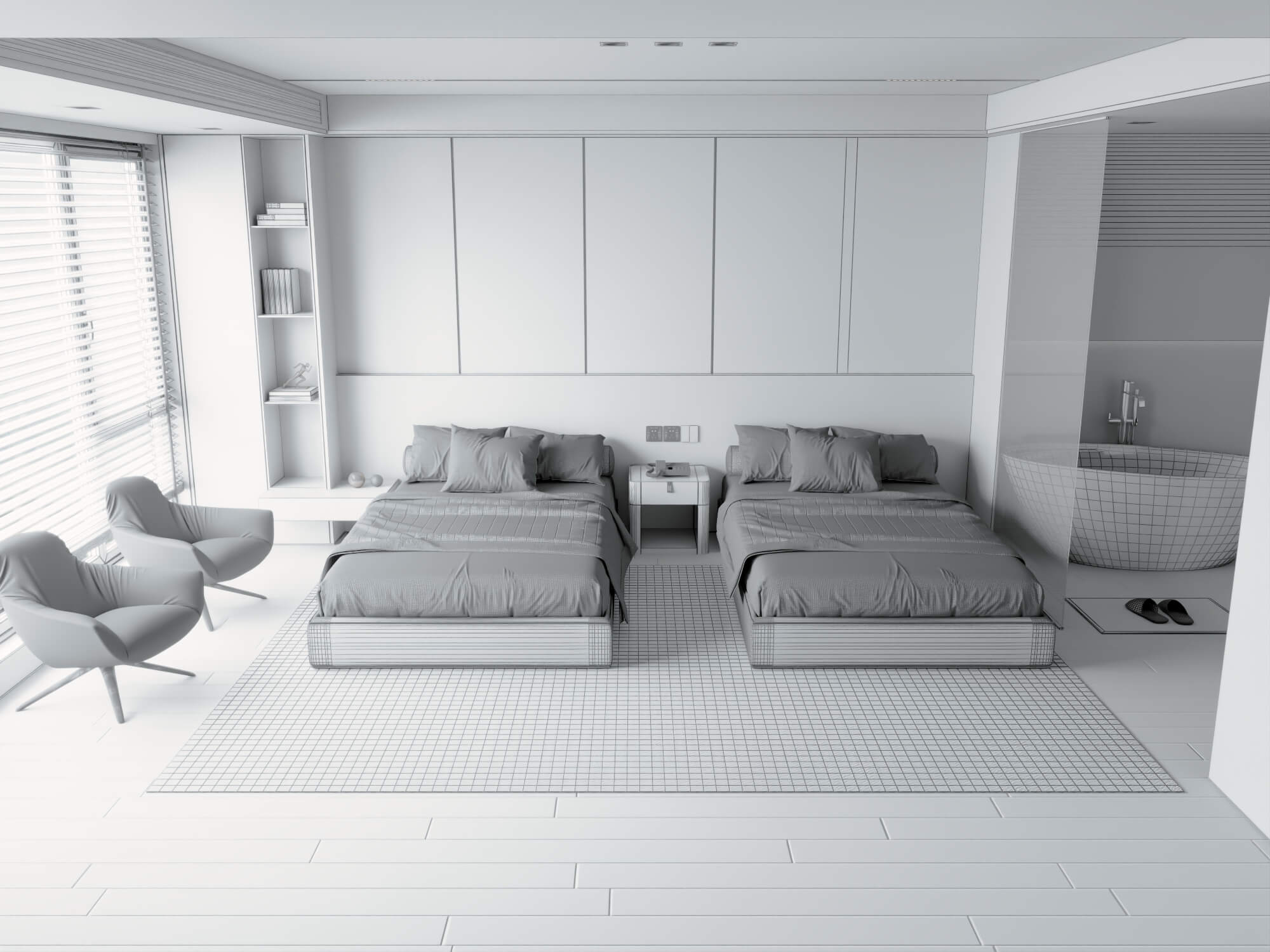 Modern Dark Style Twin Bedroom Interior Lowpoly 3d Scene 3D Model