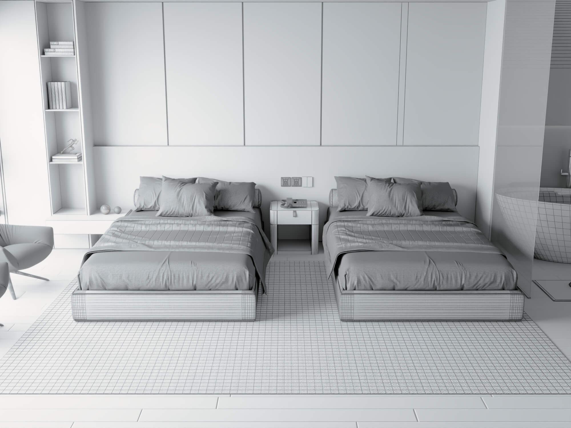 Modern Dark Style Twin Bedroom Interior Lowpoly 3d Scene 3D Model