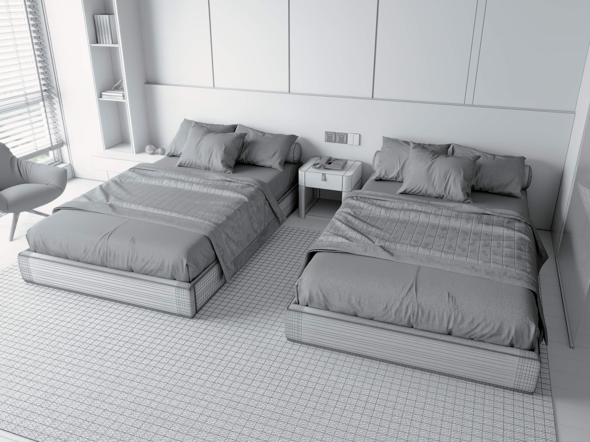 Modern Dark Style Twin Bedroom Interior Lowpoly 3d Scene 3D Model