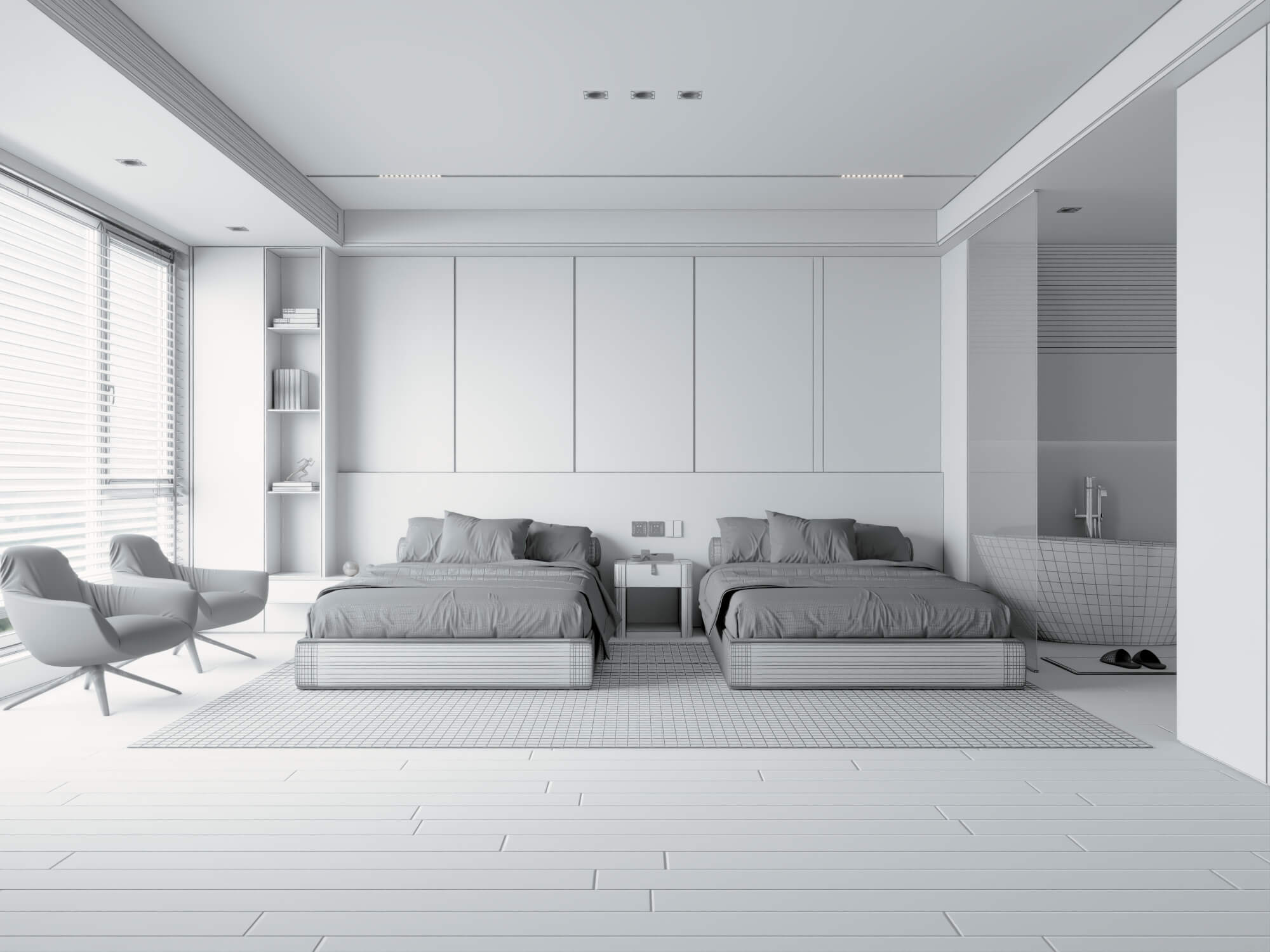Modern Dark Style Twin Bedroom Interior Lowpoly 3d Scene 3D Model