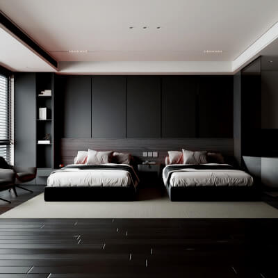 Modern Dark Style Twin Bedroom Interior Lowpoly 3d Scene