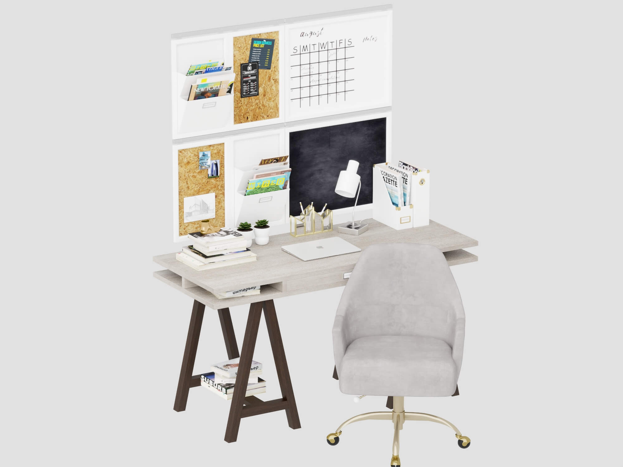 Modern Study Desk with Wall Organizer and Office Chair 3D Model