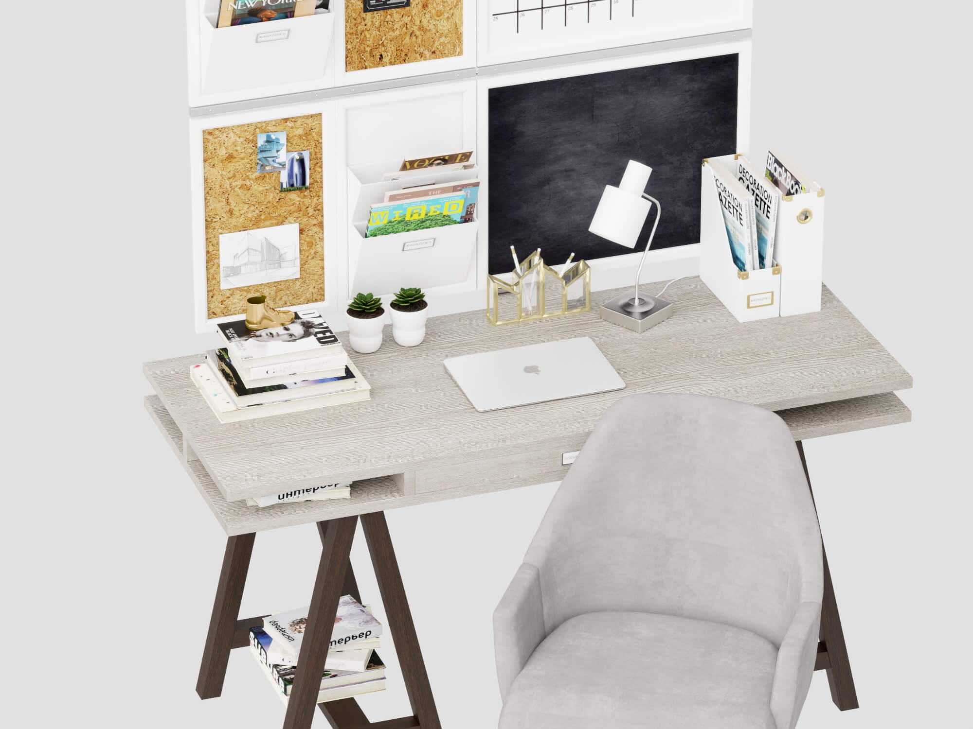 Modern Study Desk with Wall Organizer and Office Chair 3D Model