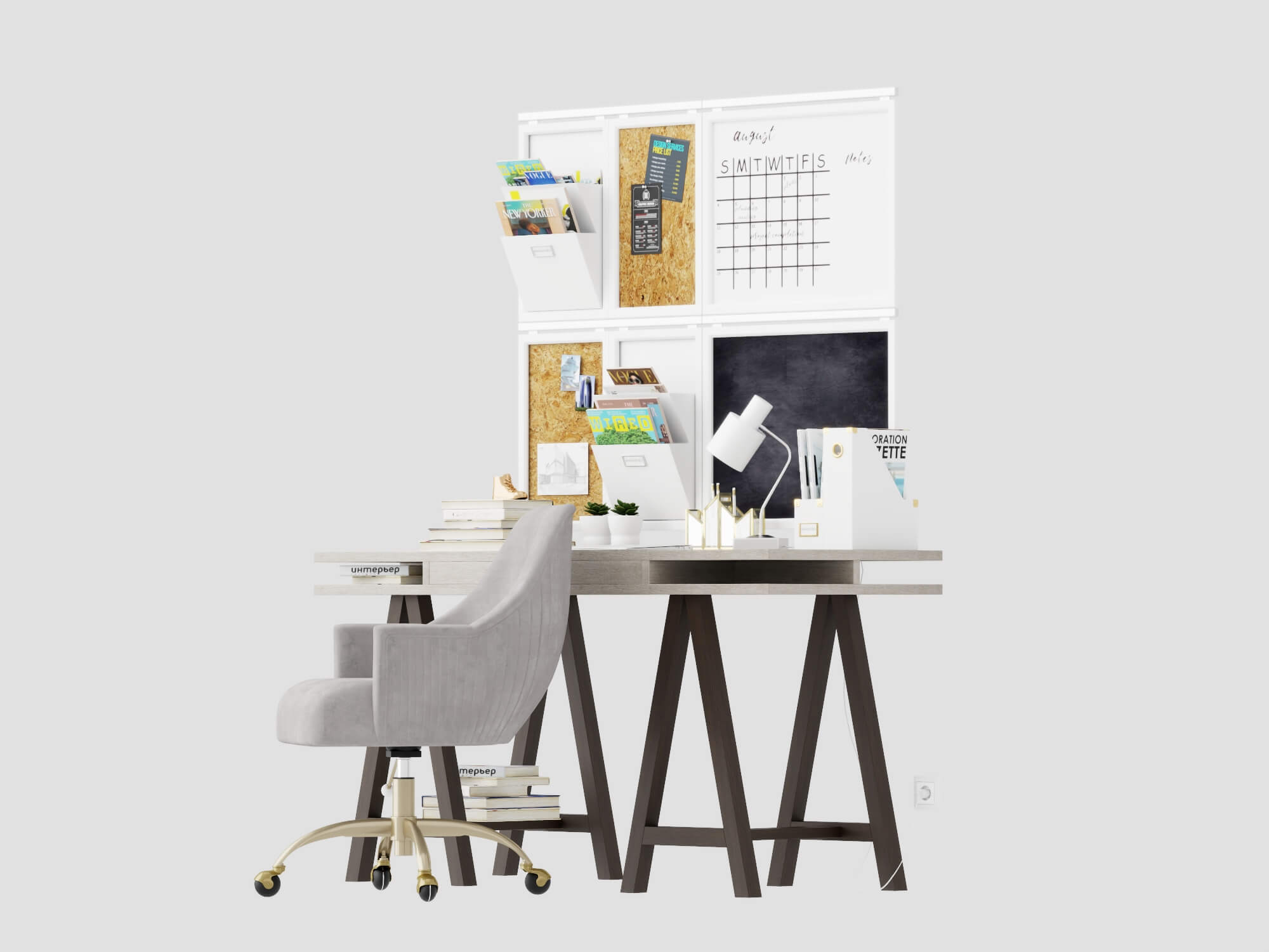 Modern Study Desk with Wall Organizer and Office Chair 3D Model