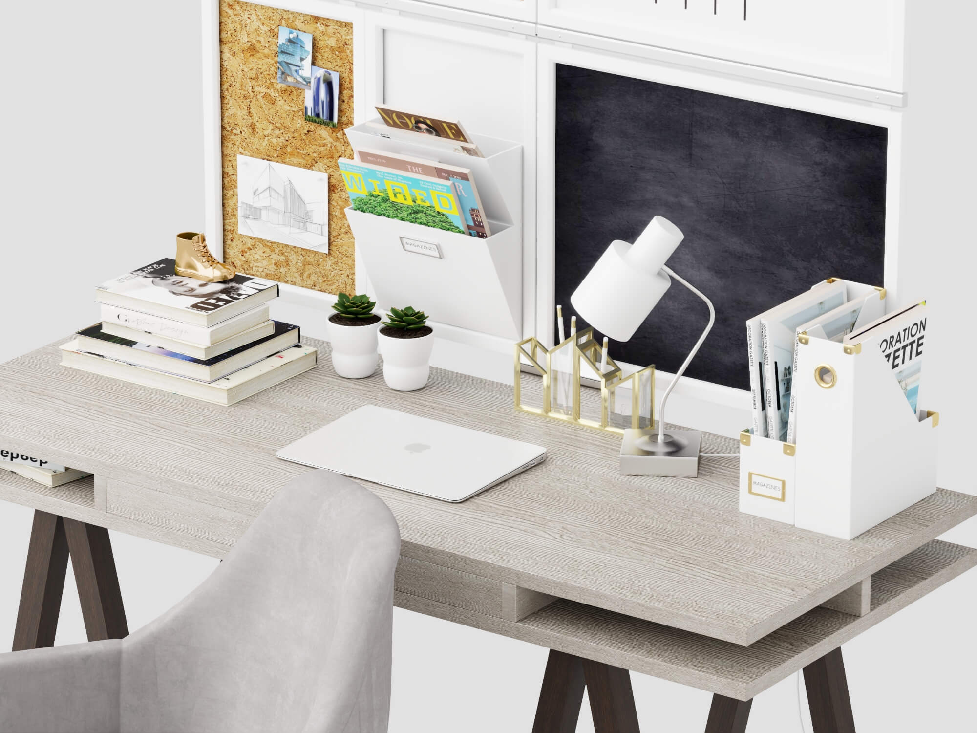 Modern Study Desk with Wall Organizer and Office Chair 3D Model