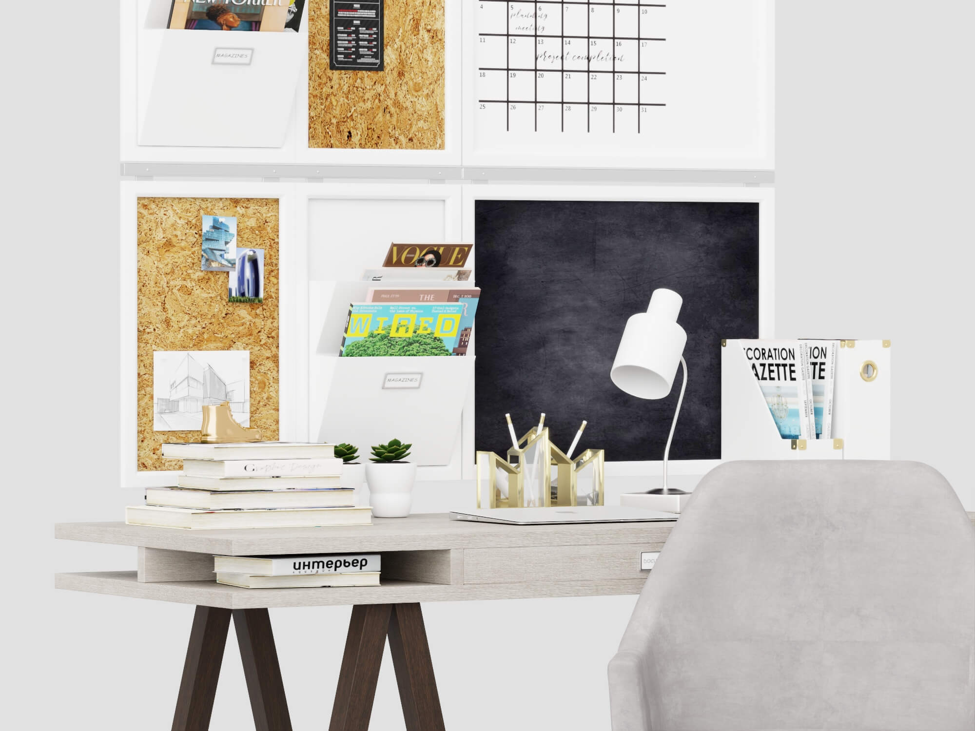 Modern Study Desk with Wall Organizer and Office Chair 3D Model