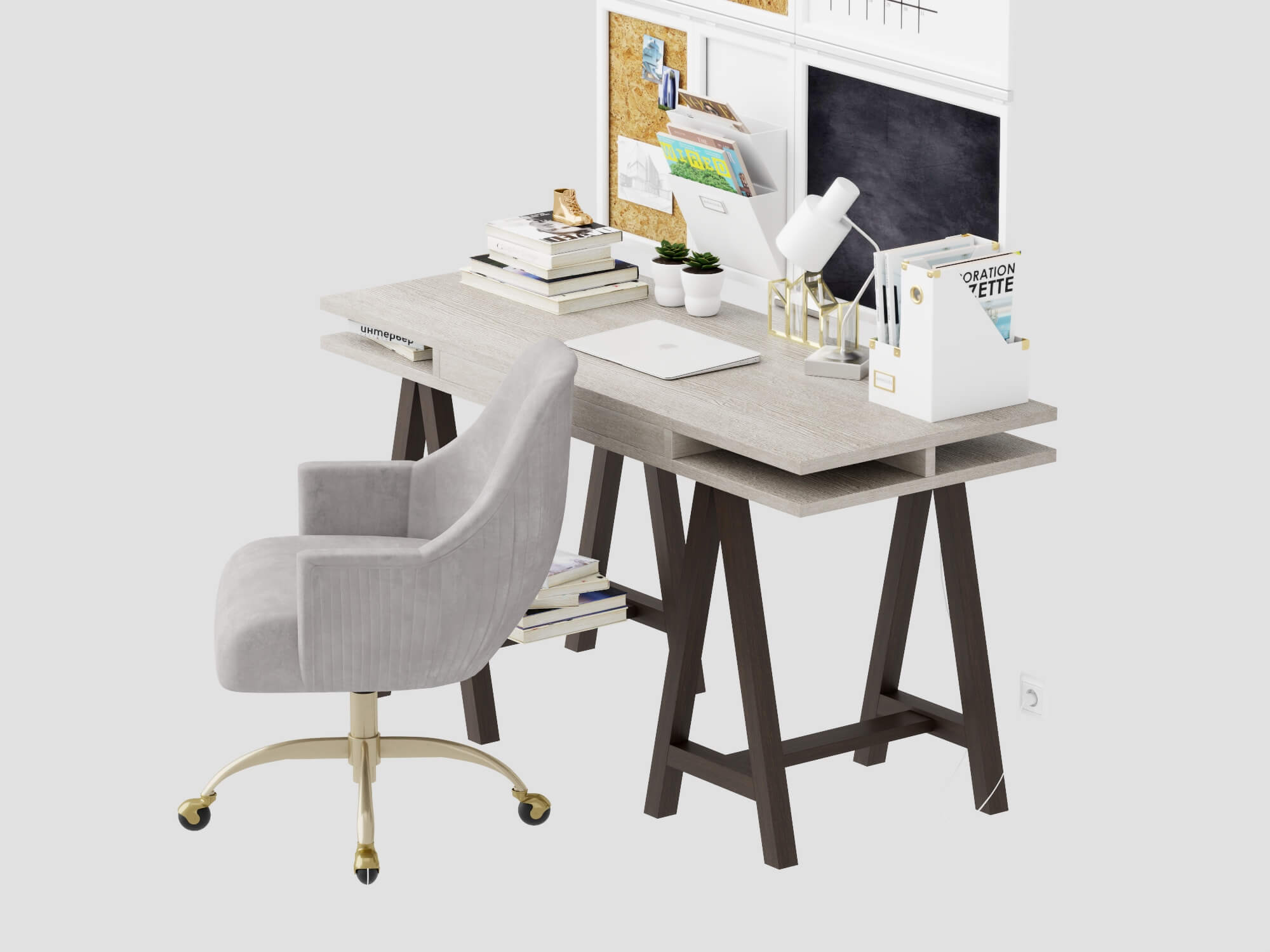 Modern Study Desk with Wall Organizer and Office Chair 3D Model