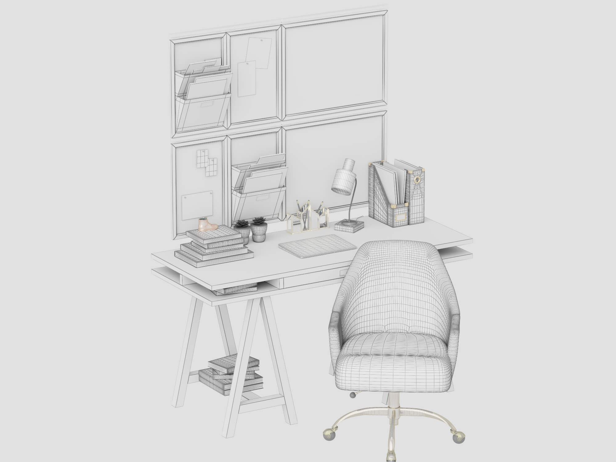 Modern Study Desk with Wall Organizer and Office Chair 3D Model
