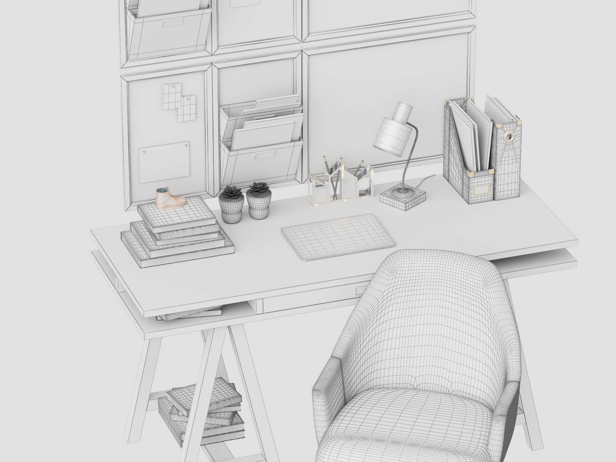 Modern Study Desk with Wall Organizer and Office Chair 3D Model