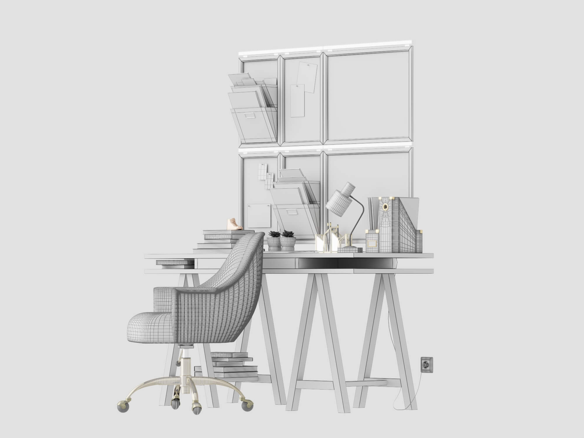 Modern Study Desk with Wall Organizer and Office Chair 3D Model