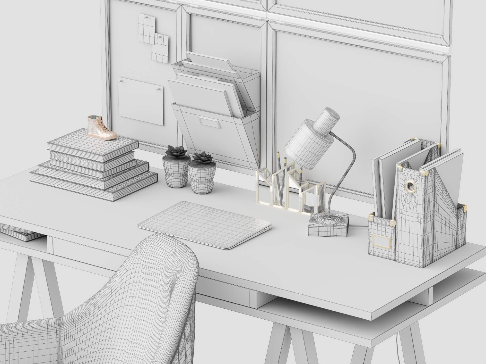 Modern Study Desk with Wall Organizer and Office Chair 3D Model