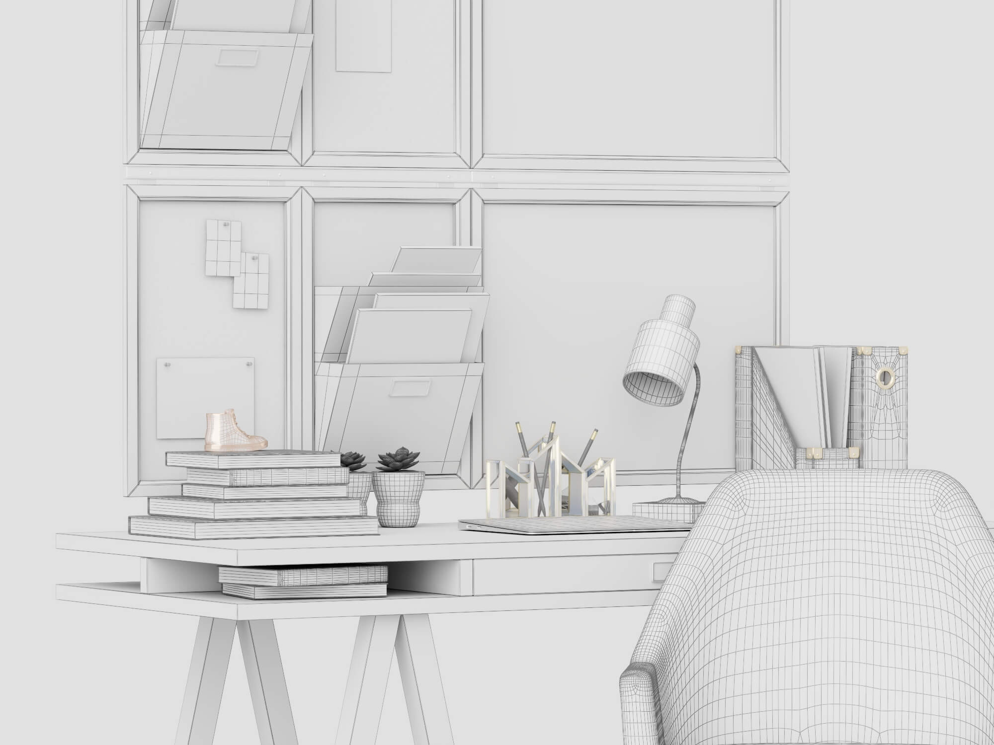 Modern Study Desk with Wall Organizer and Office Chair 3D Model