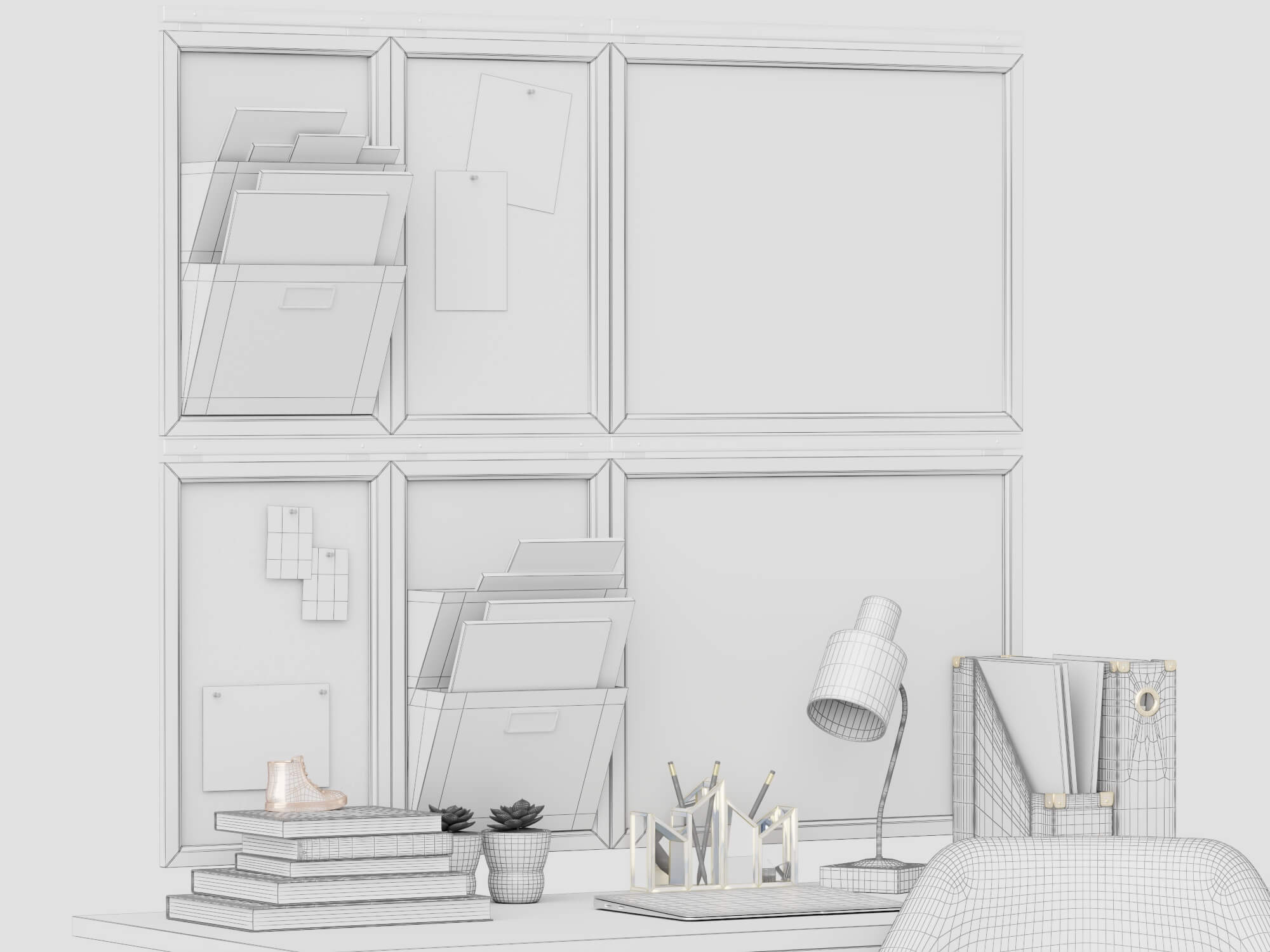 Modern Study Desk with Wall Organizer and Office Chair 3D Model