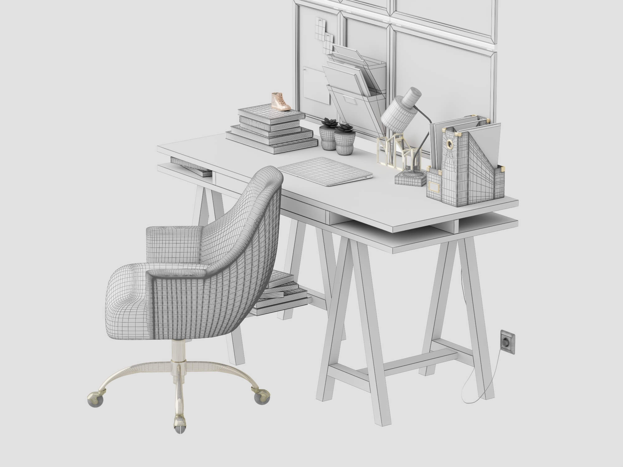 Modern Study Desk with Wall Organizer and Office Chair 3D Model