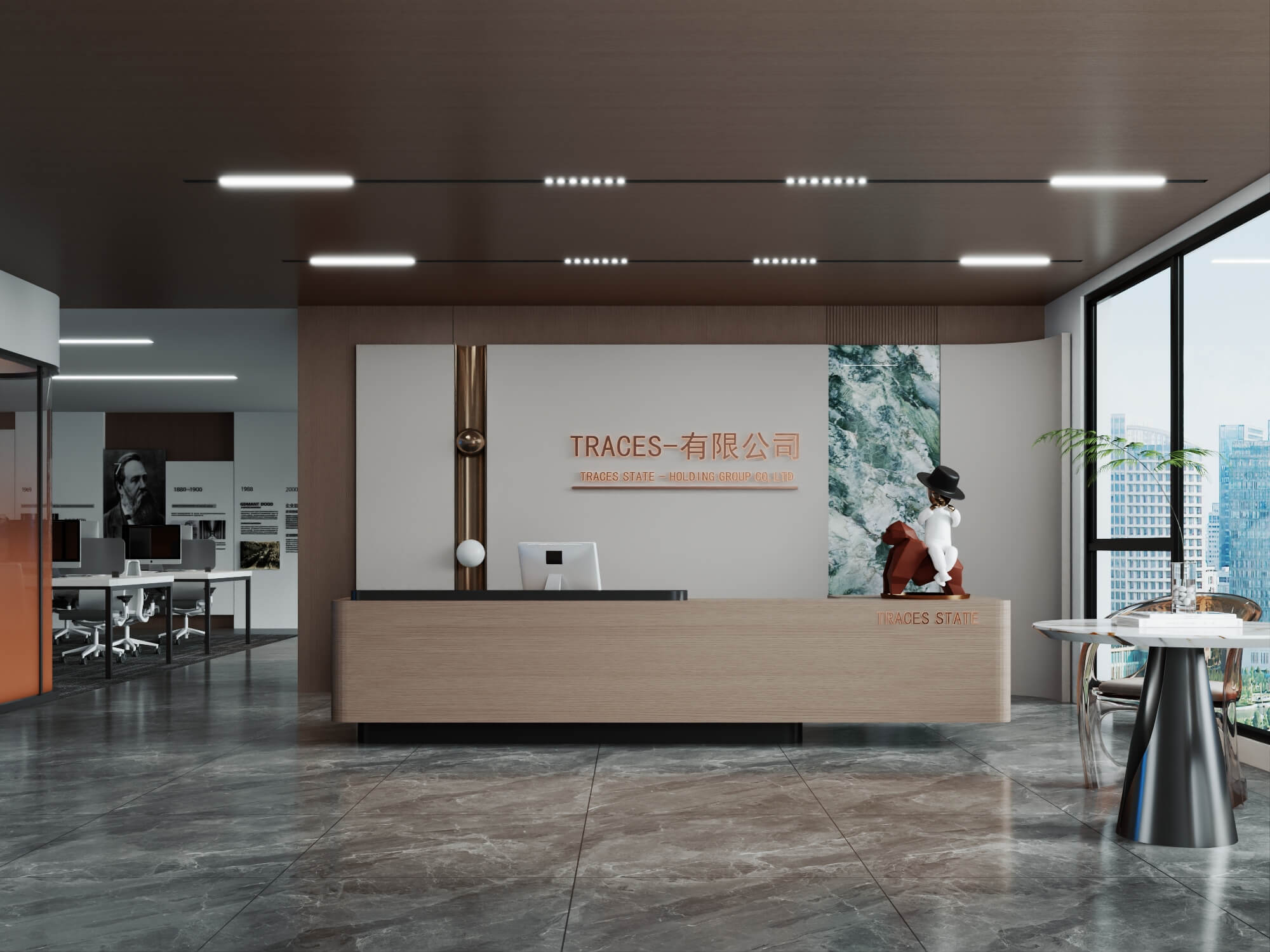 Modern Wood Office Reception Interior Scene 3D Model