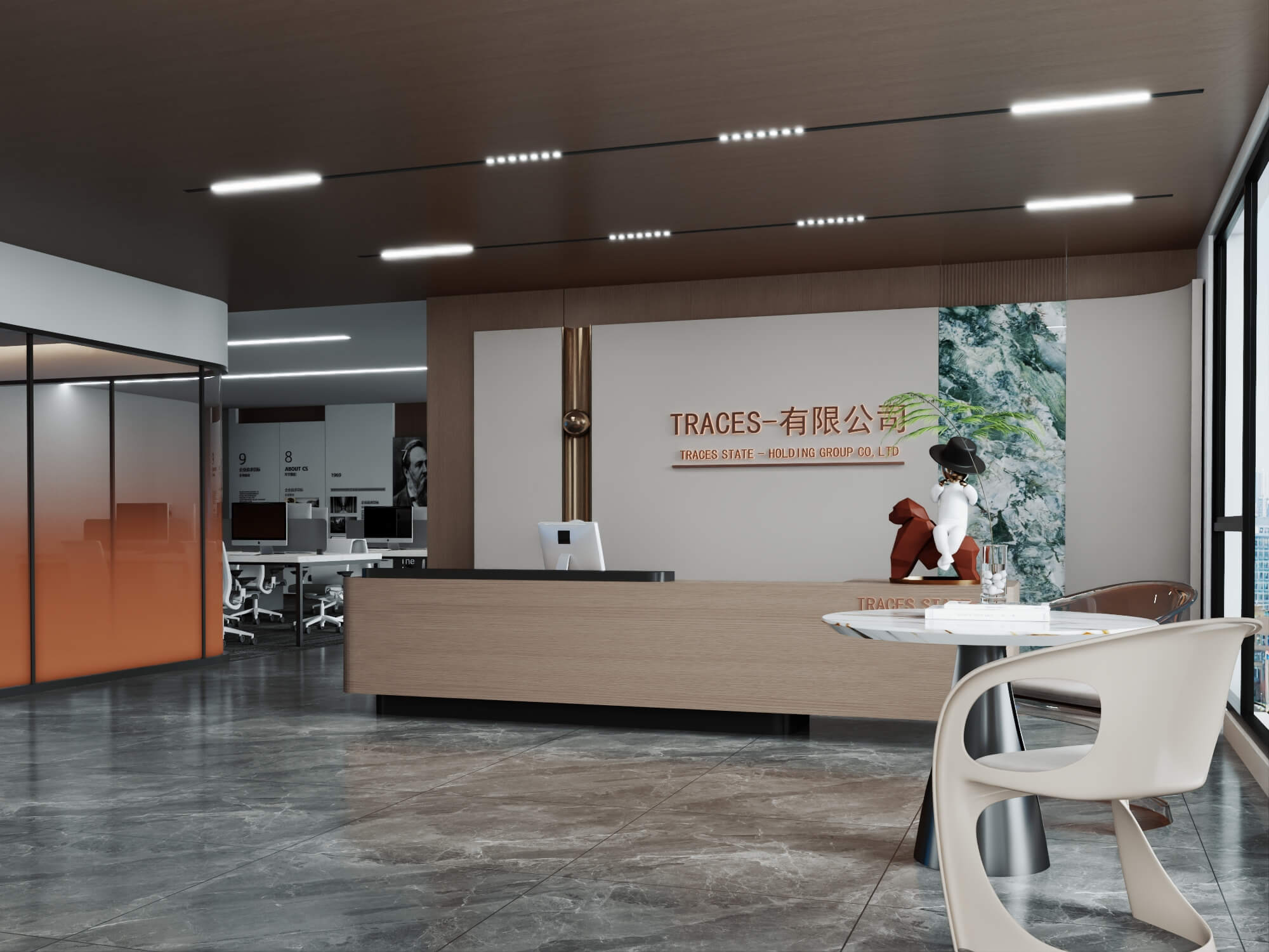 Modern Wood Office Reception Interior Scene 3D Model