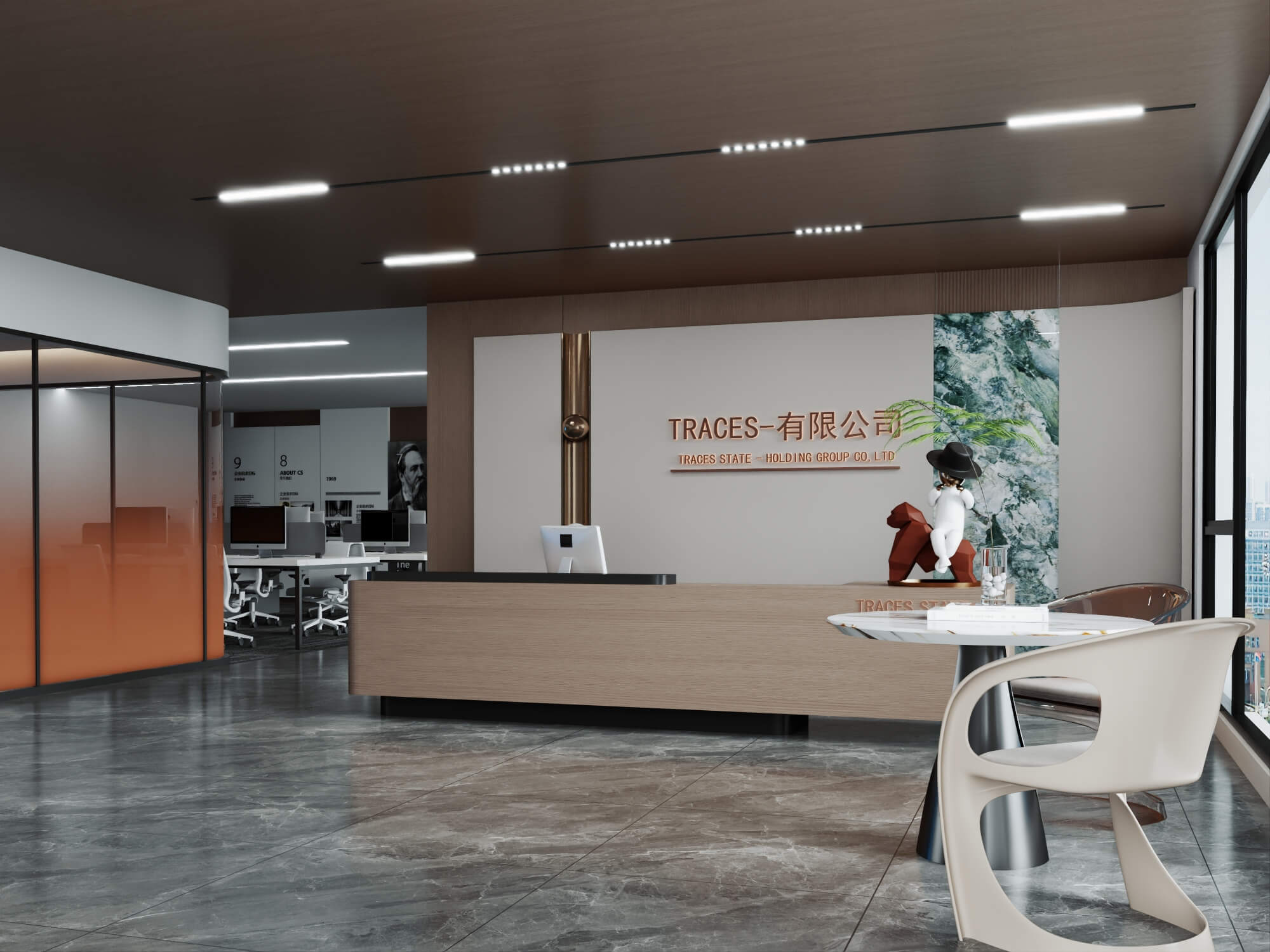 Modern Wood Office Reception Interior Scene 3D Model