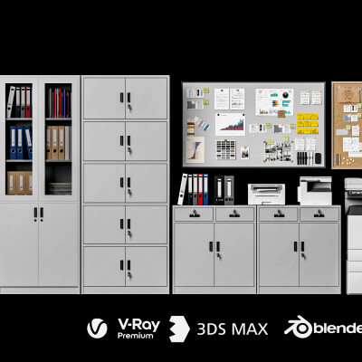 Office Filing Cabinet and Printer Lowpoly 3D Model