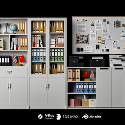 Office Filing Cabinet and Stationery Set Lowpoly 3D Model