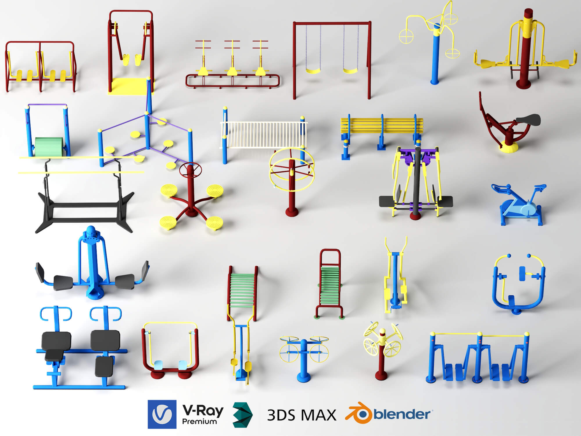 Outdoor Fitness Equipment Pack Lowpoly 3D Model 3D Model