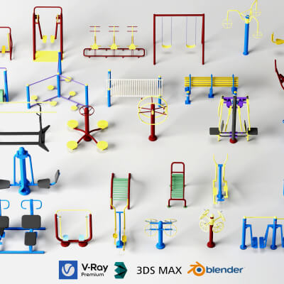 Outdoor Fitness Equipment Pack Lowpoly 3D Model