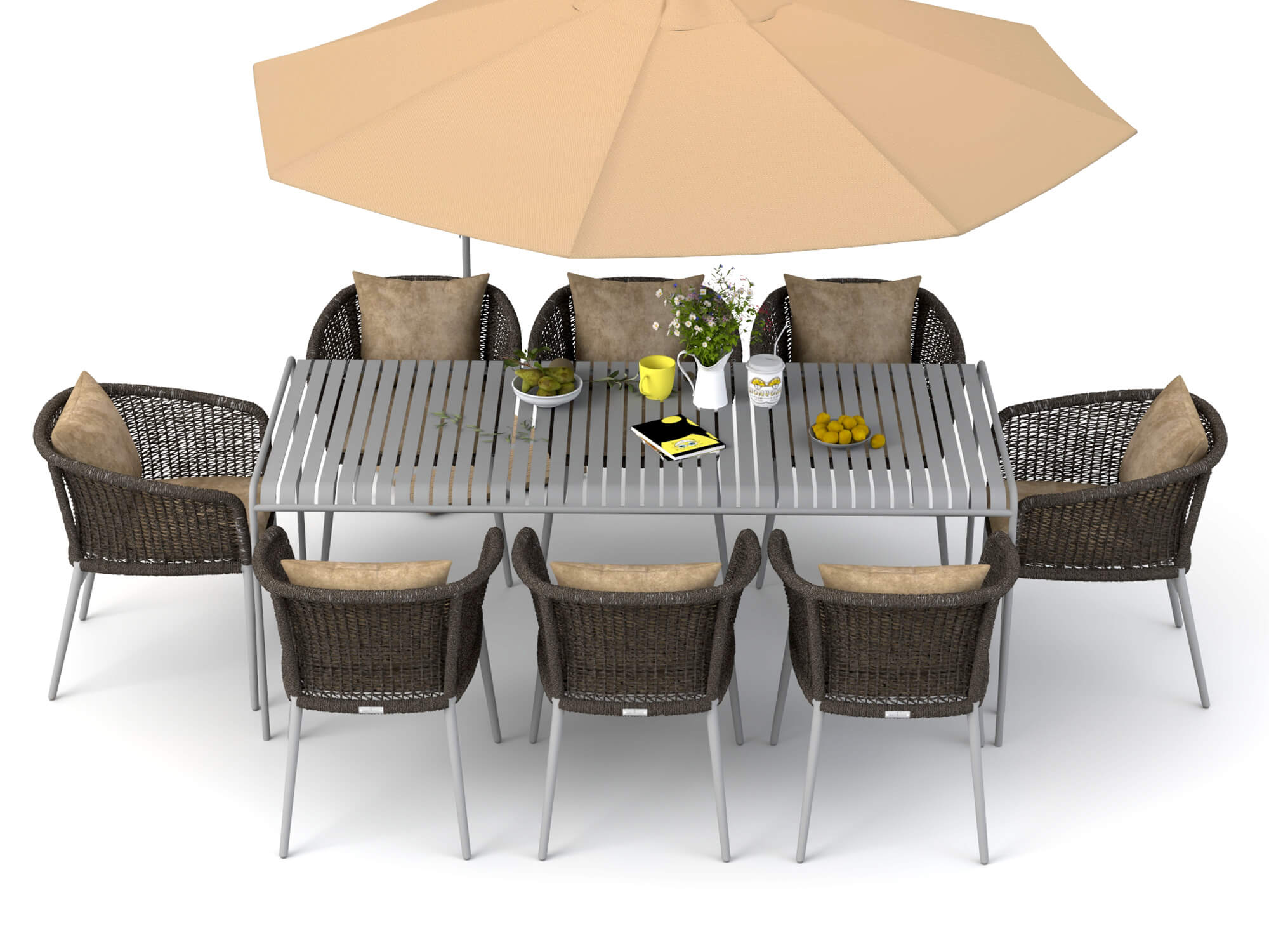 Outdoor Rattan Dining Set with Patio Umbrella 3D Model