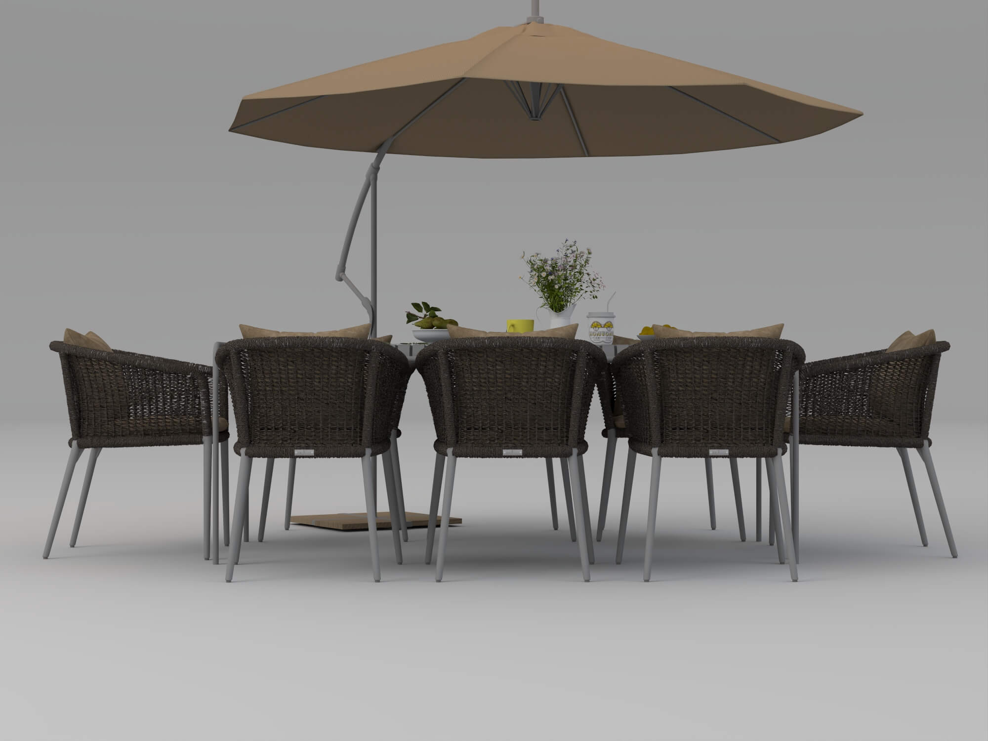 Outdoor Rattan Dining Set with Patio Umbrella 3D Model