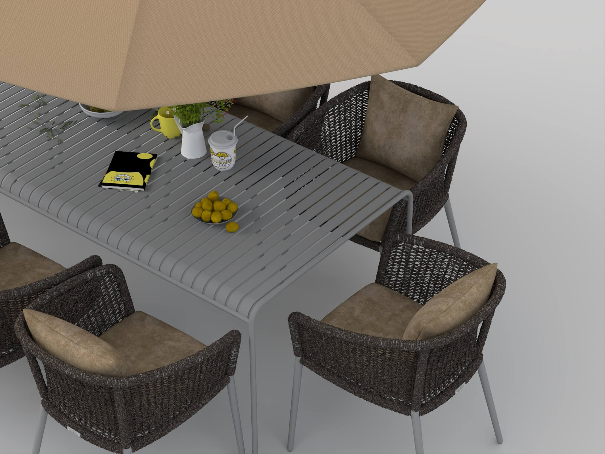 Outdoor Rattan Dining Set with Patio Umbrella 3D Model