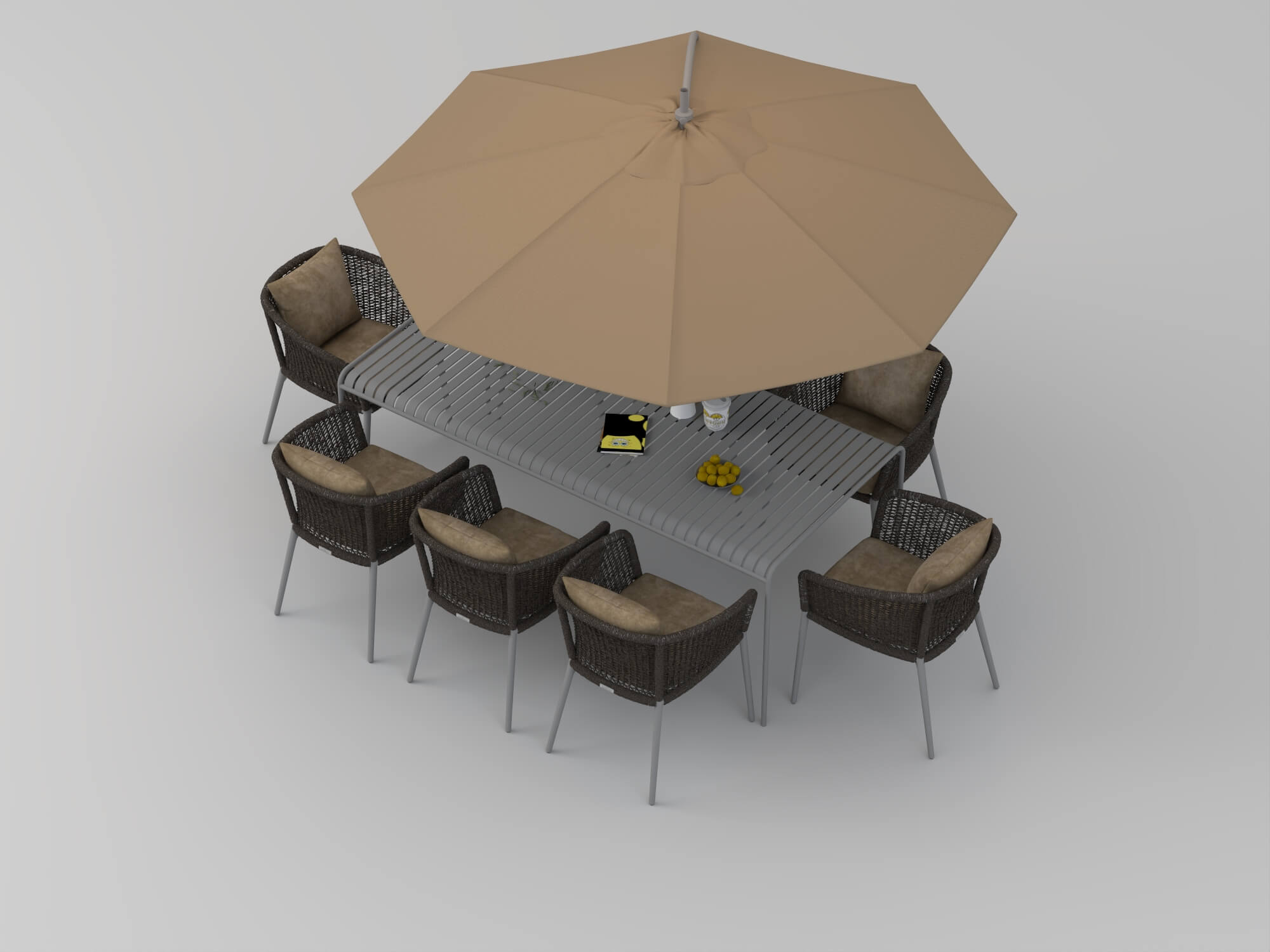 Outdoor Rattan Dining Set with Patio Umbrella 3D Model