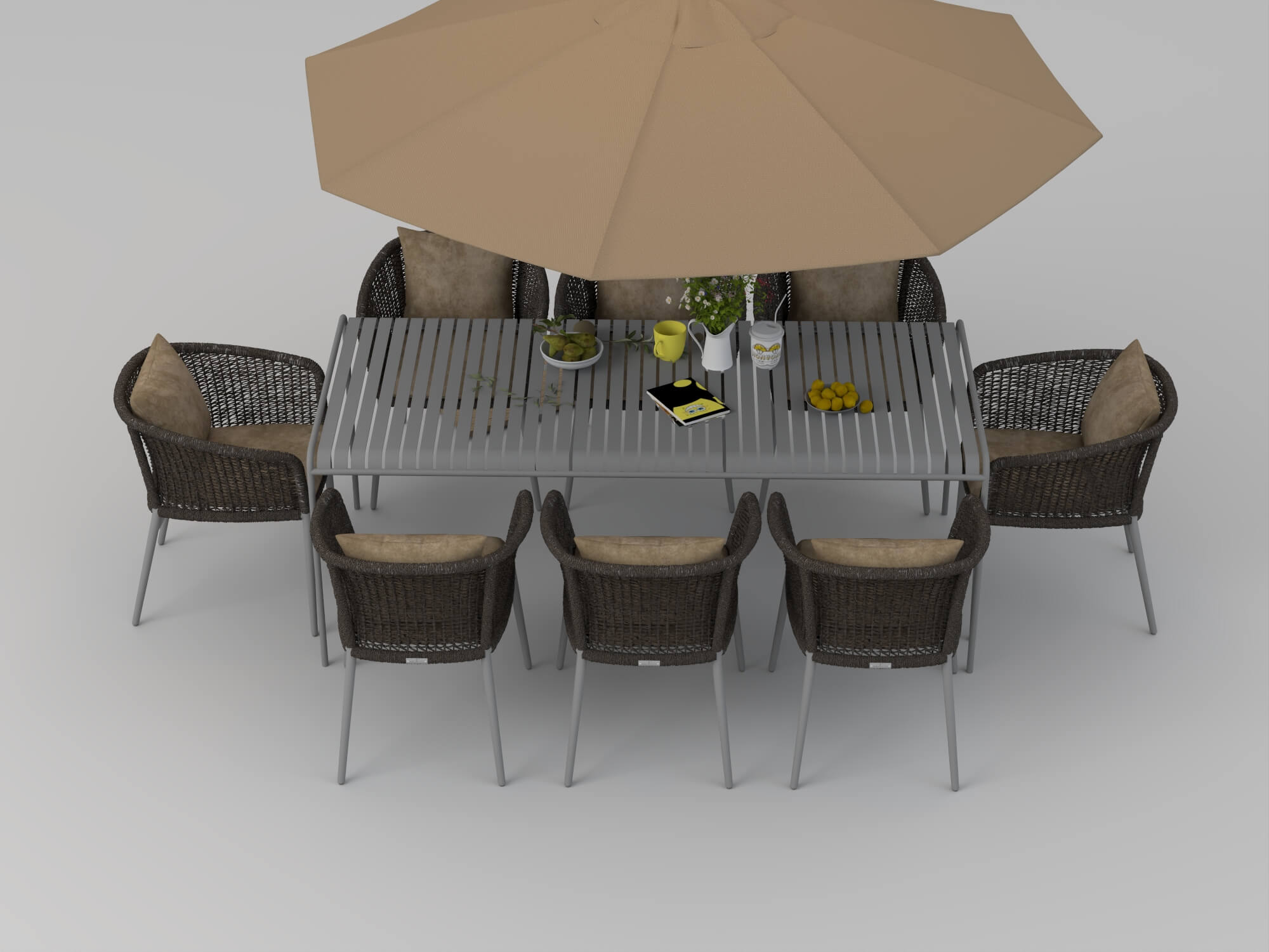 Outdoor Rattan Dining Set with Patio Umbrella 3D Model