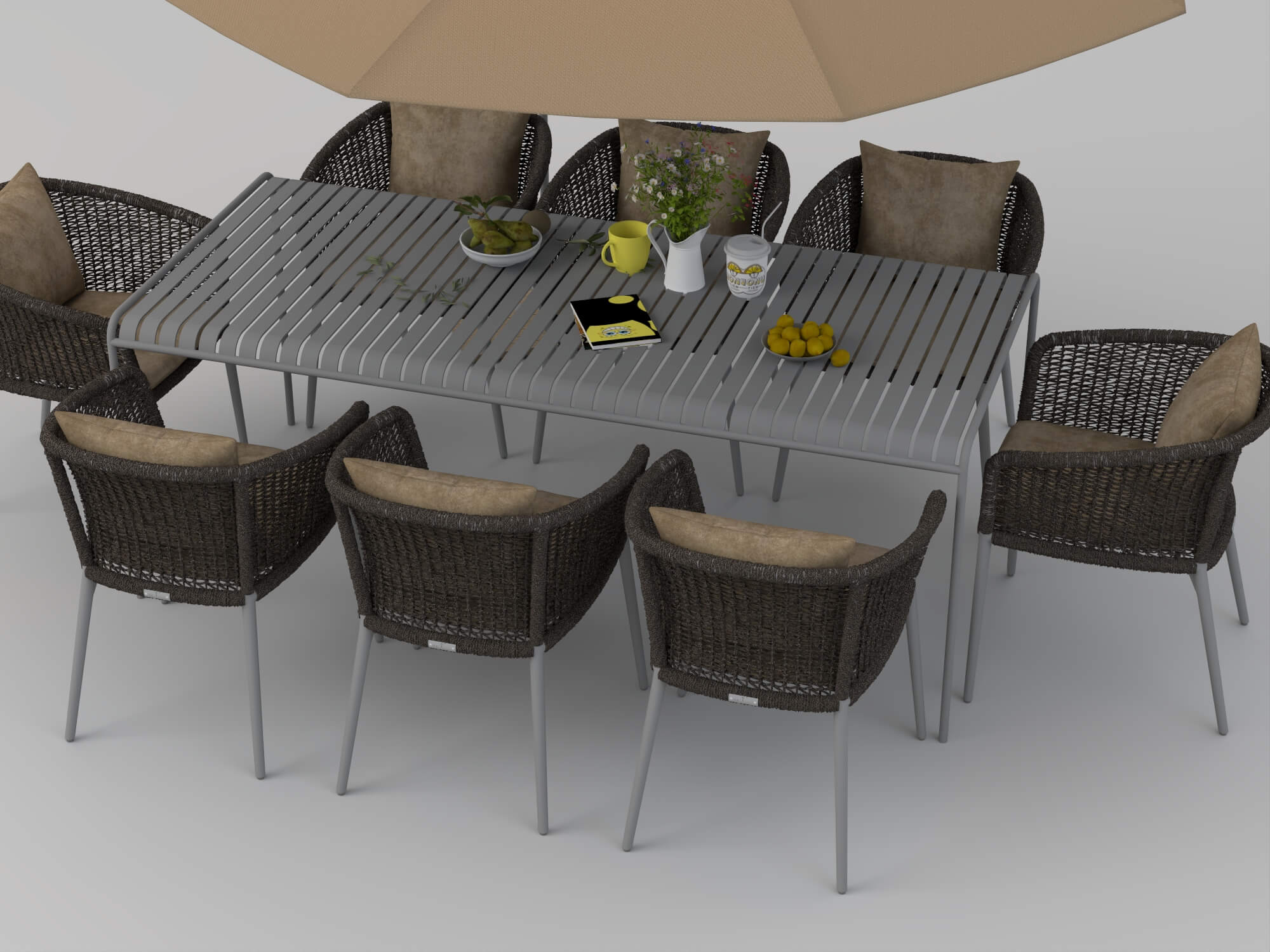 Outdoor Rattan Dining Set with Patio Umbrella 3D Model
