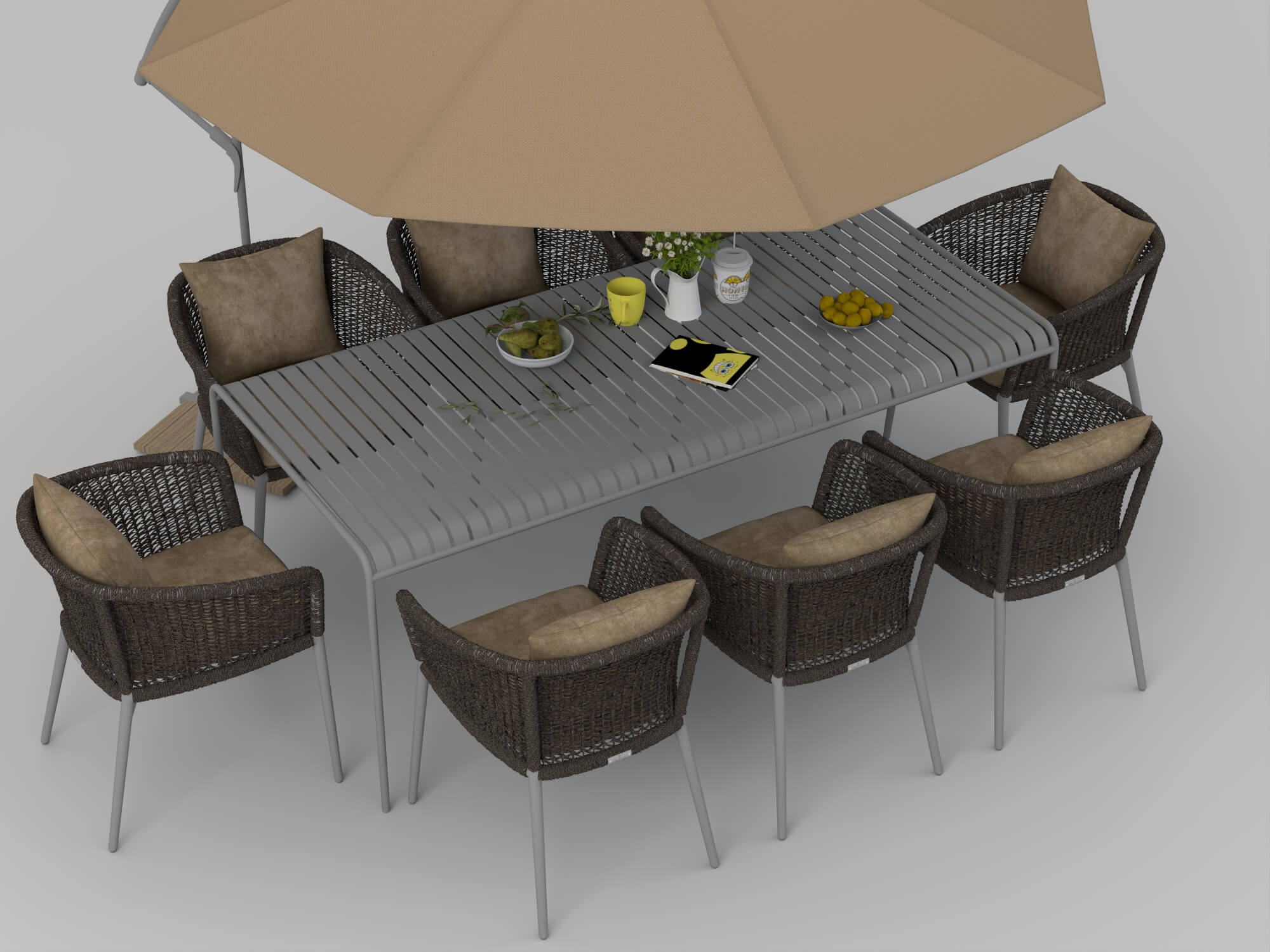 Outdoor Rattan Dining Set with Patio Umbrella 3D Model