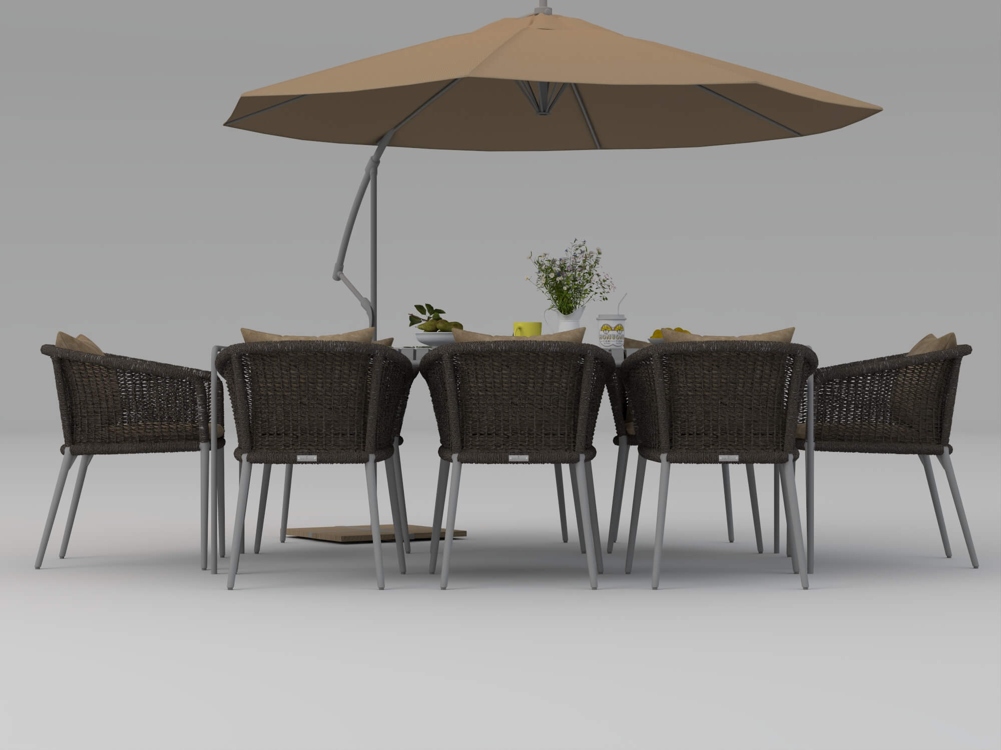 Outdoor Rattan Dining Set with Patio Umbrella 3D Model