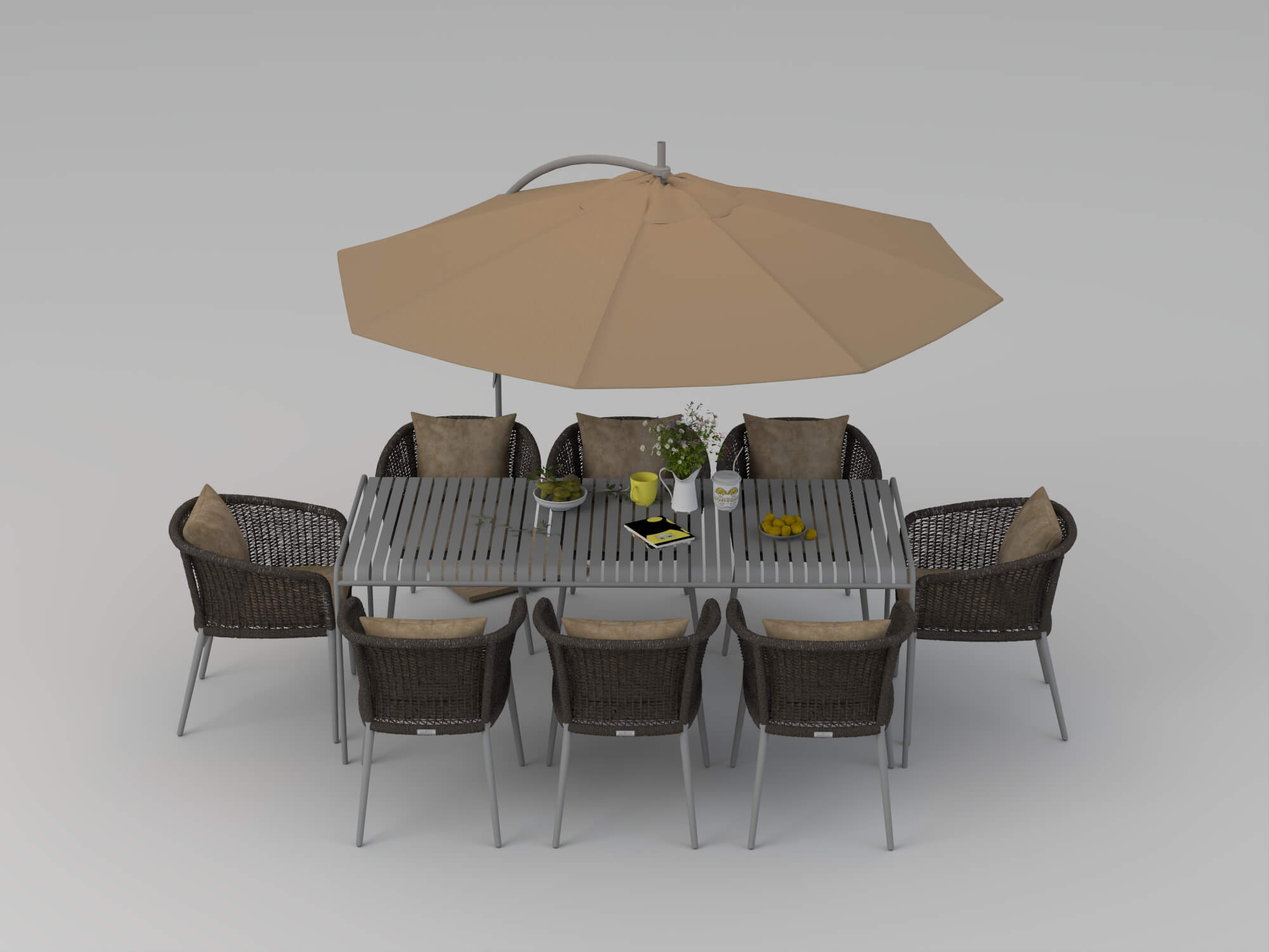 Outdoor Rattan Dining Set with Patio Umbrella 3D Model