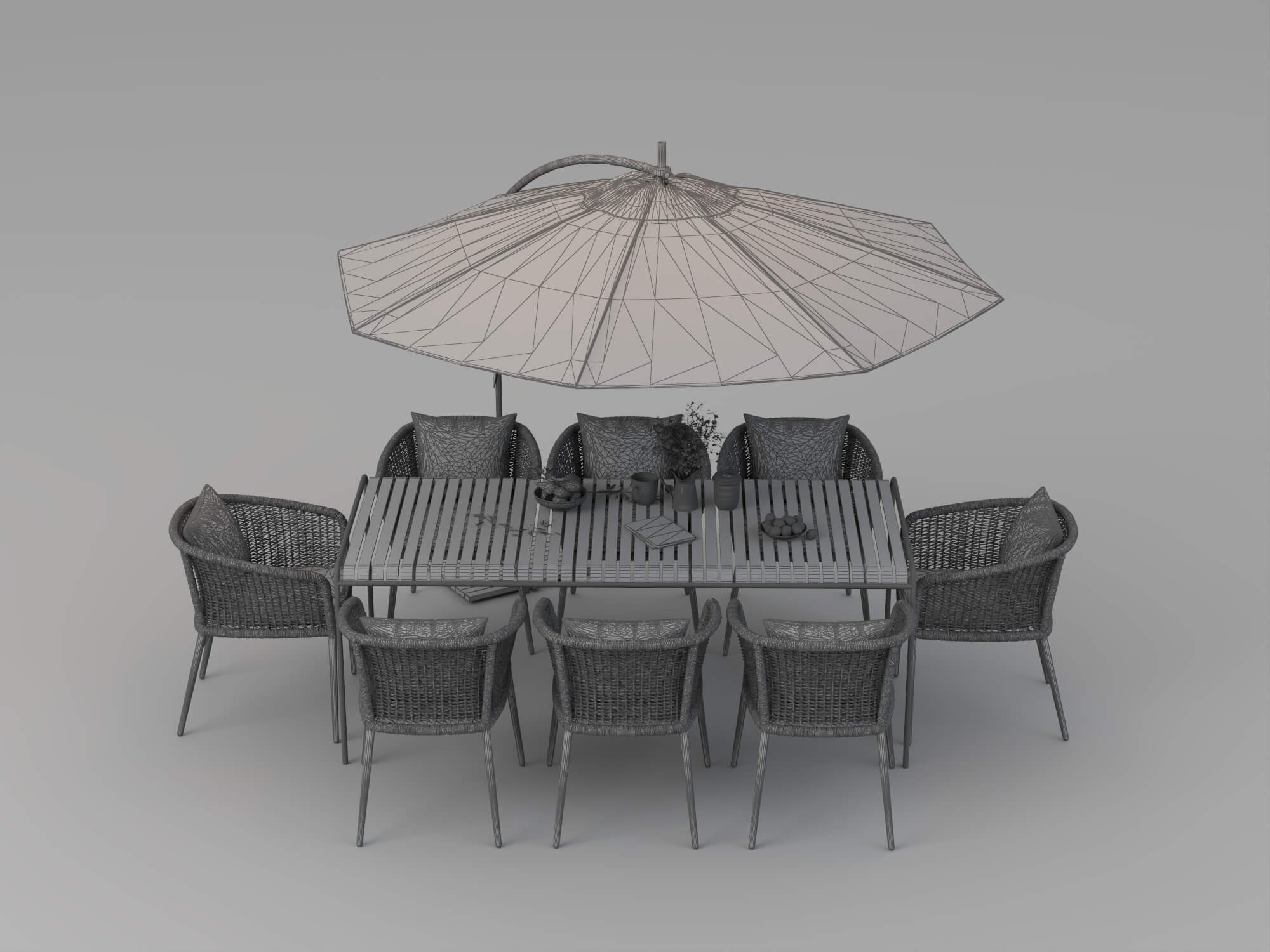 Outdoor Rattan Dining Set with Patio Umbrella 3D Model