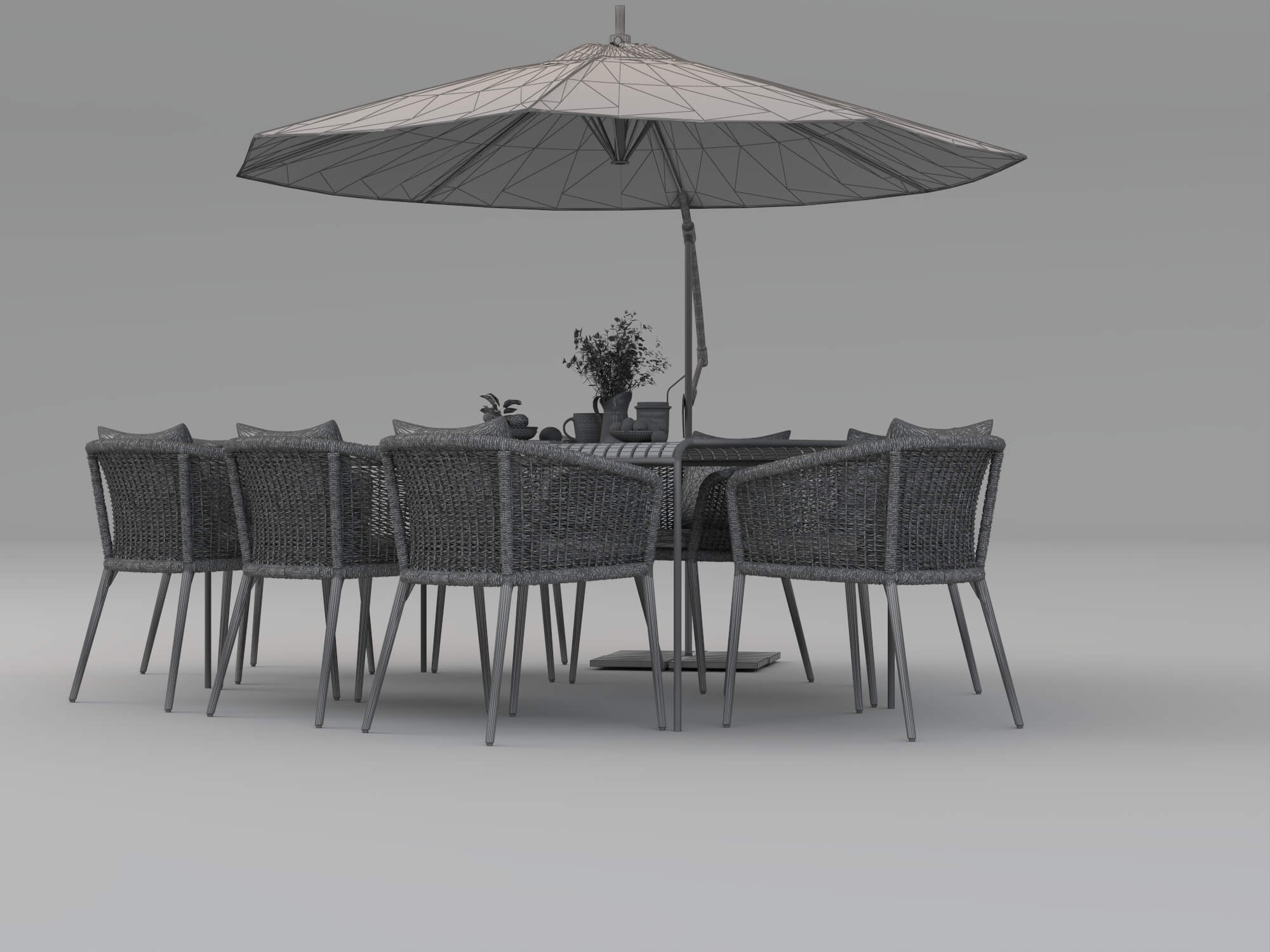 Outdoor Rattan Dining Set with Patio Umbrella 3D Model