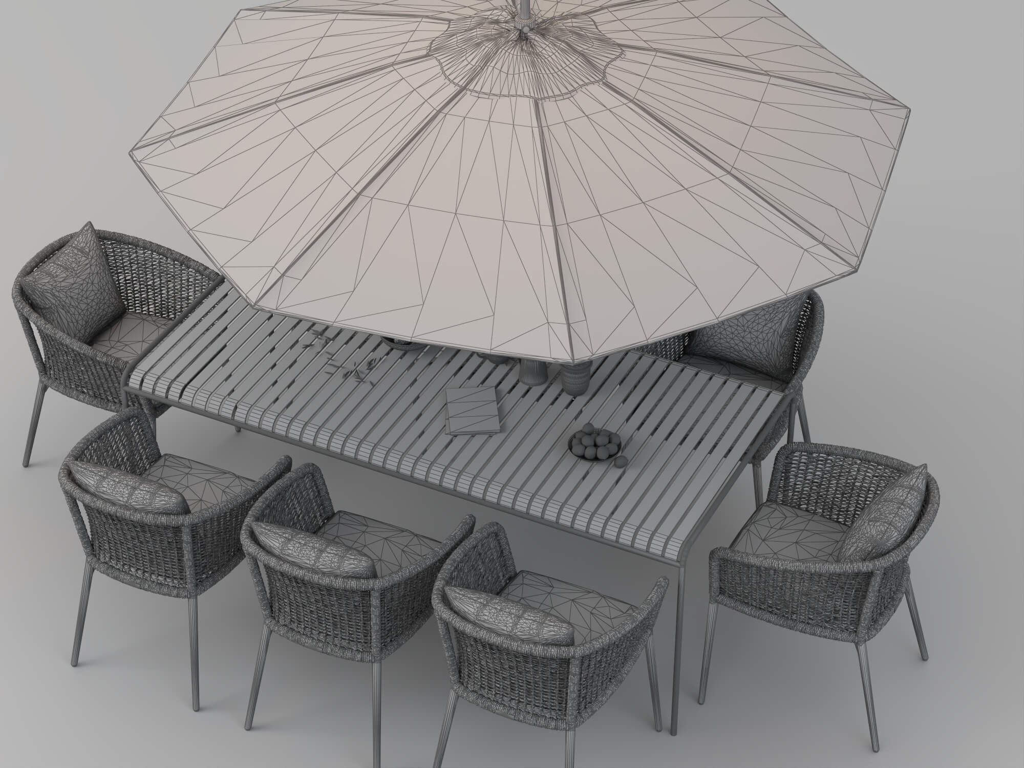 Outdoor Rattan Dining Set with Patio Umbrella 3D Model