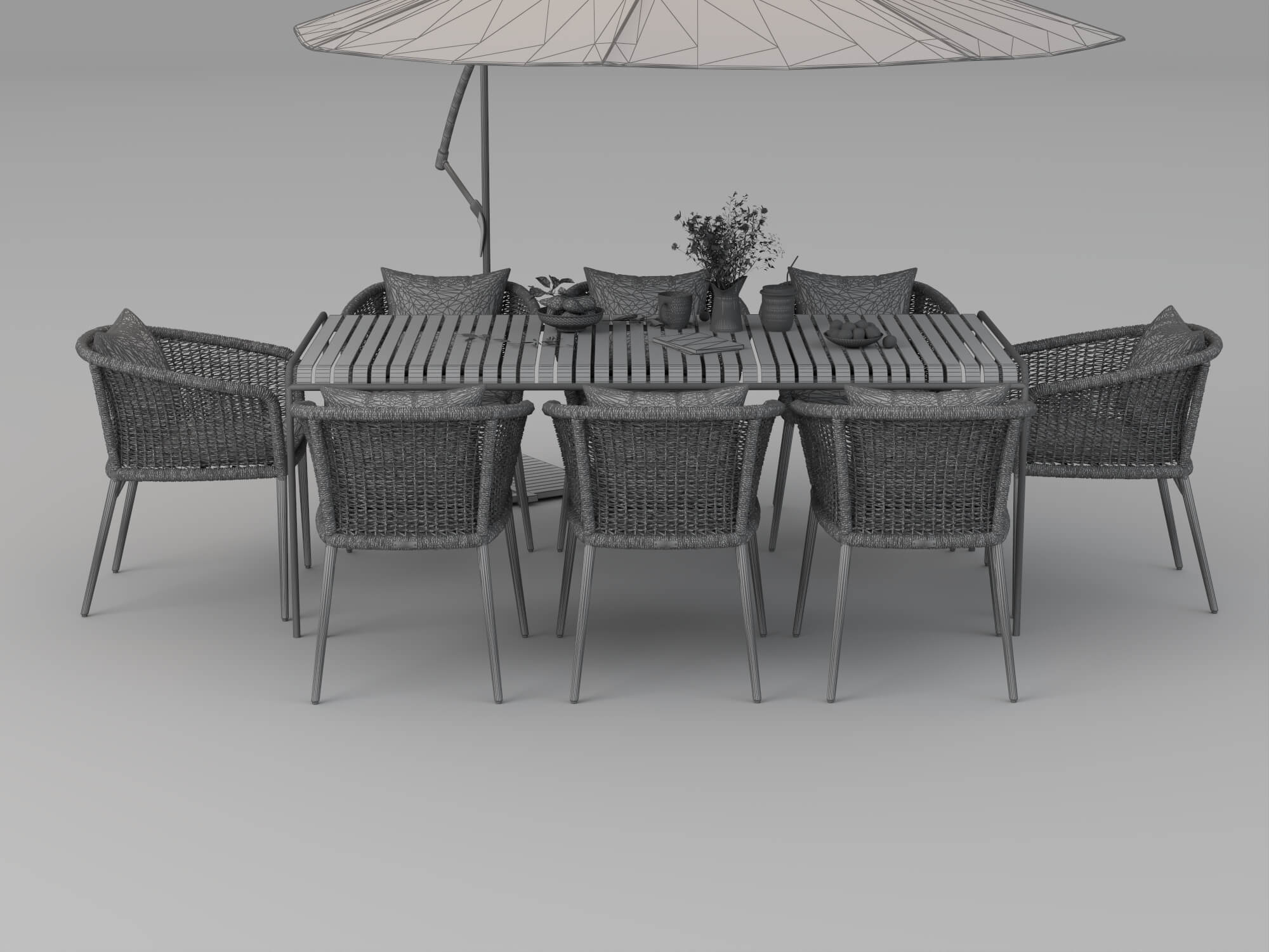 Outdoor Rattan Dining Set with Patio Umbrella 3D Model