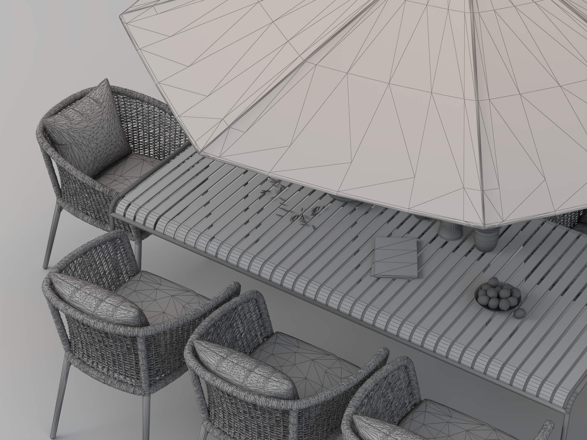 Outdoor Rattan Dining Set with Patio Umbrella 3D Model