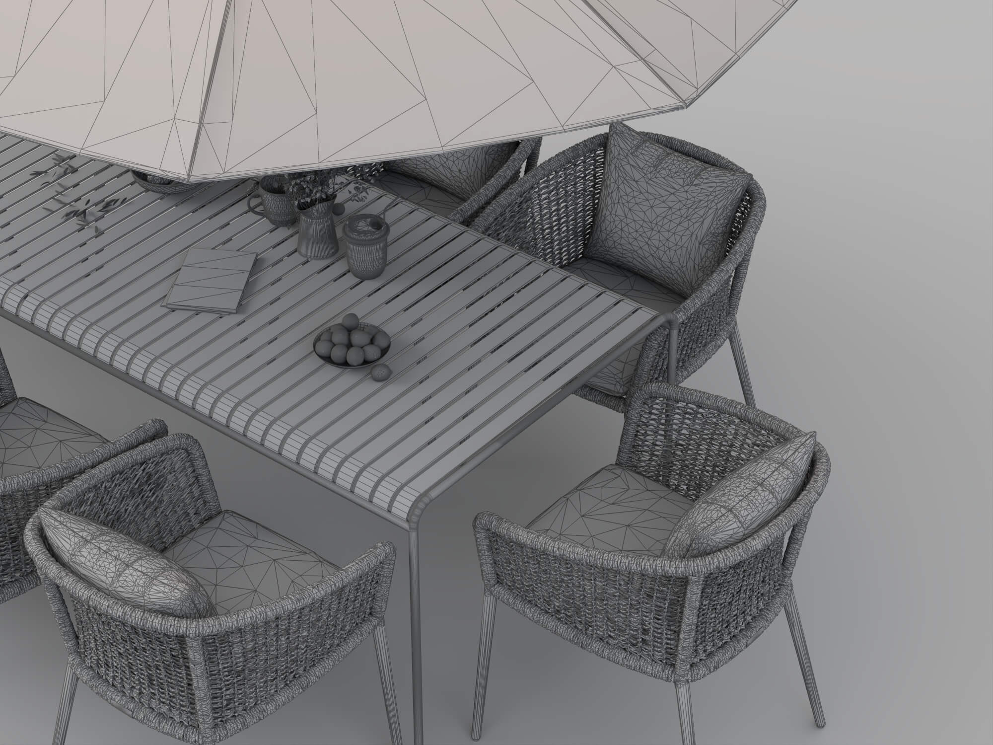 Outdoor Rattan Dining Set with Patio Umbrella 3D Model