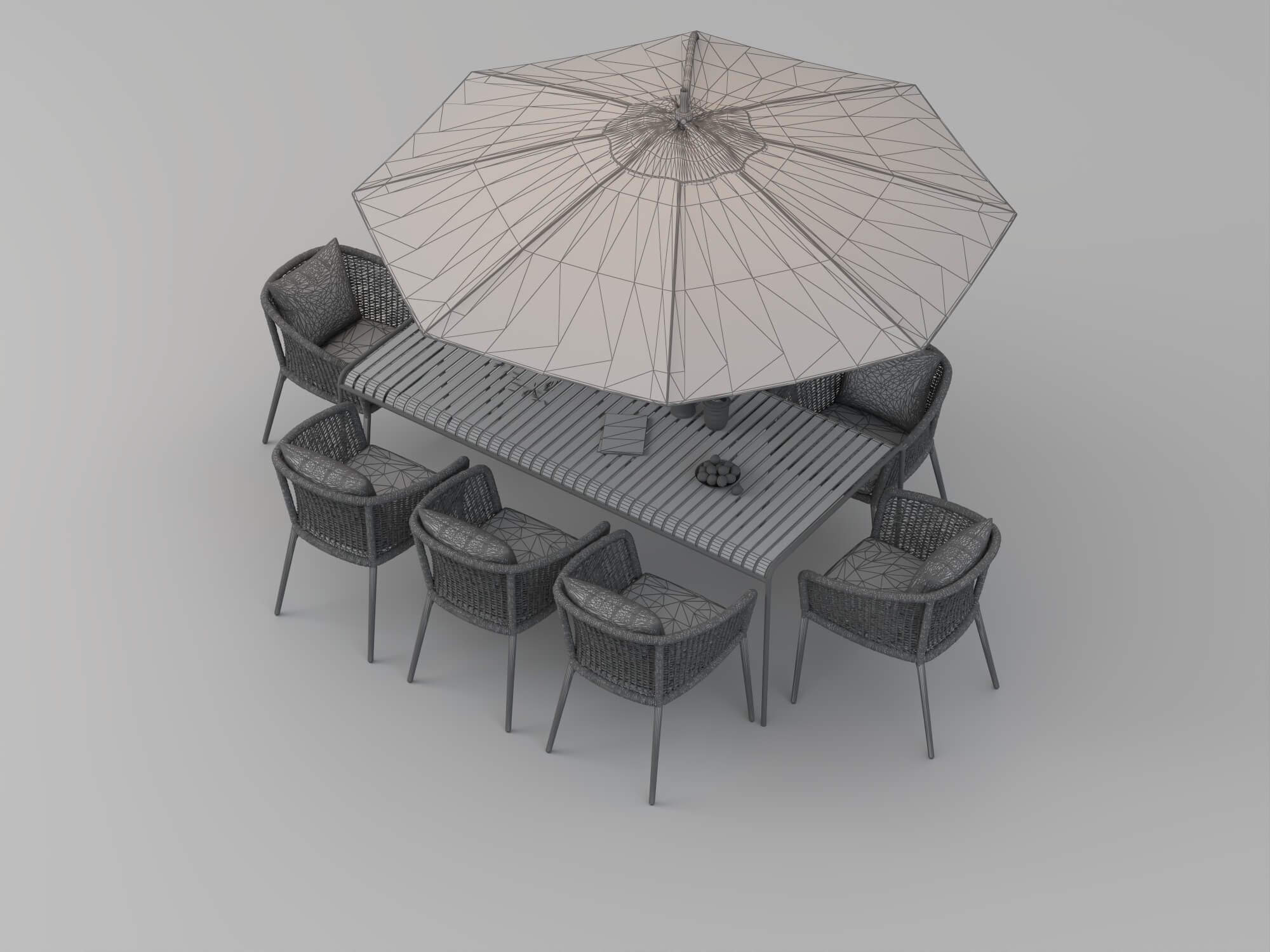 Outdoor Rattan Dining Set with Patio Umbrella 3D Model